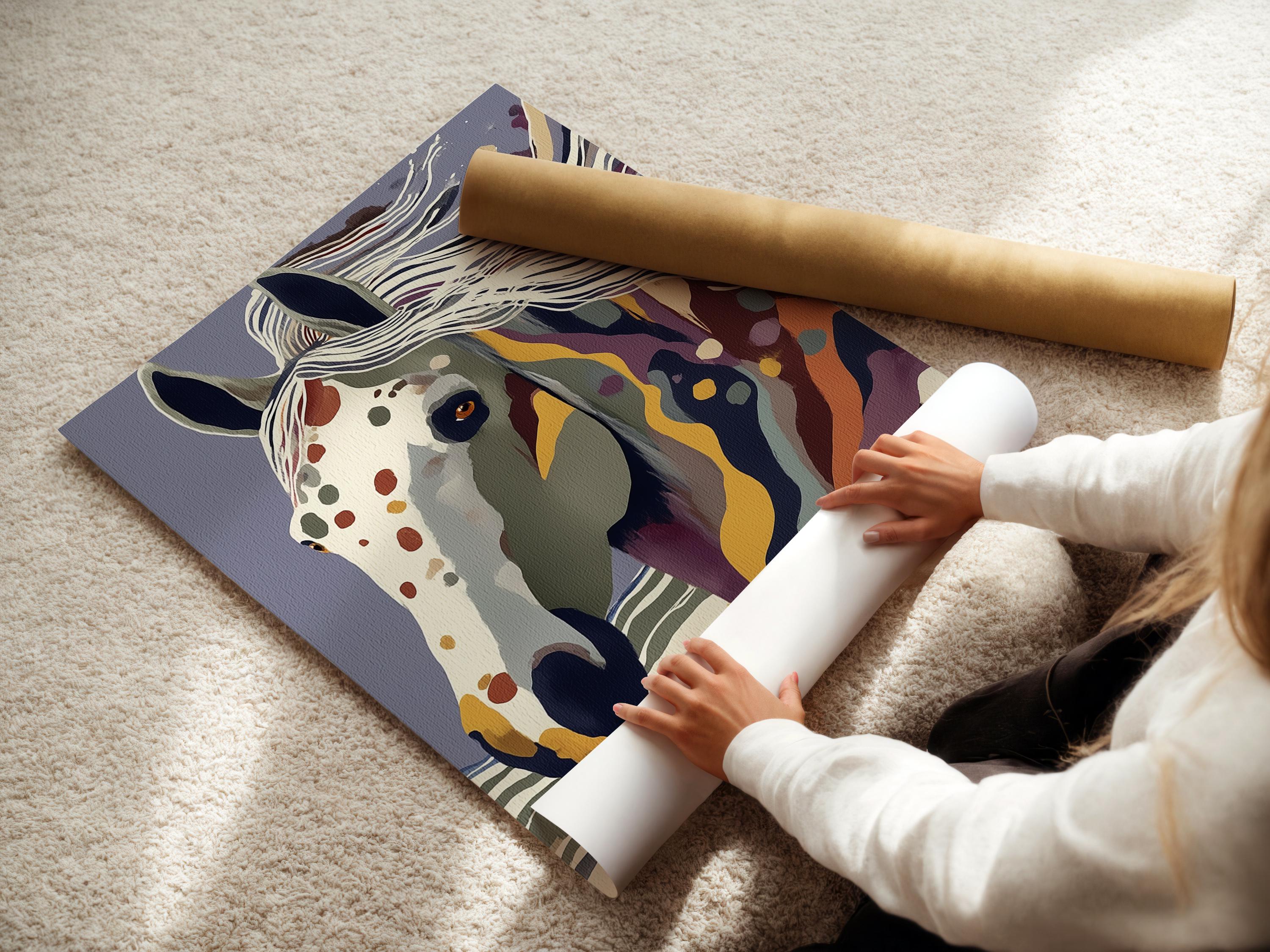 Stylised horse portrait with flowing stripes in blue, purple, cream and gold tones detail view