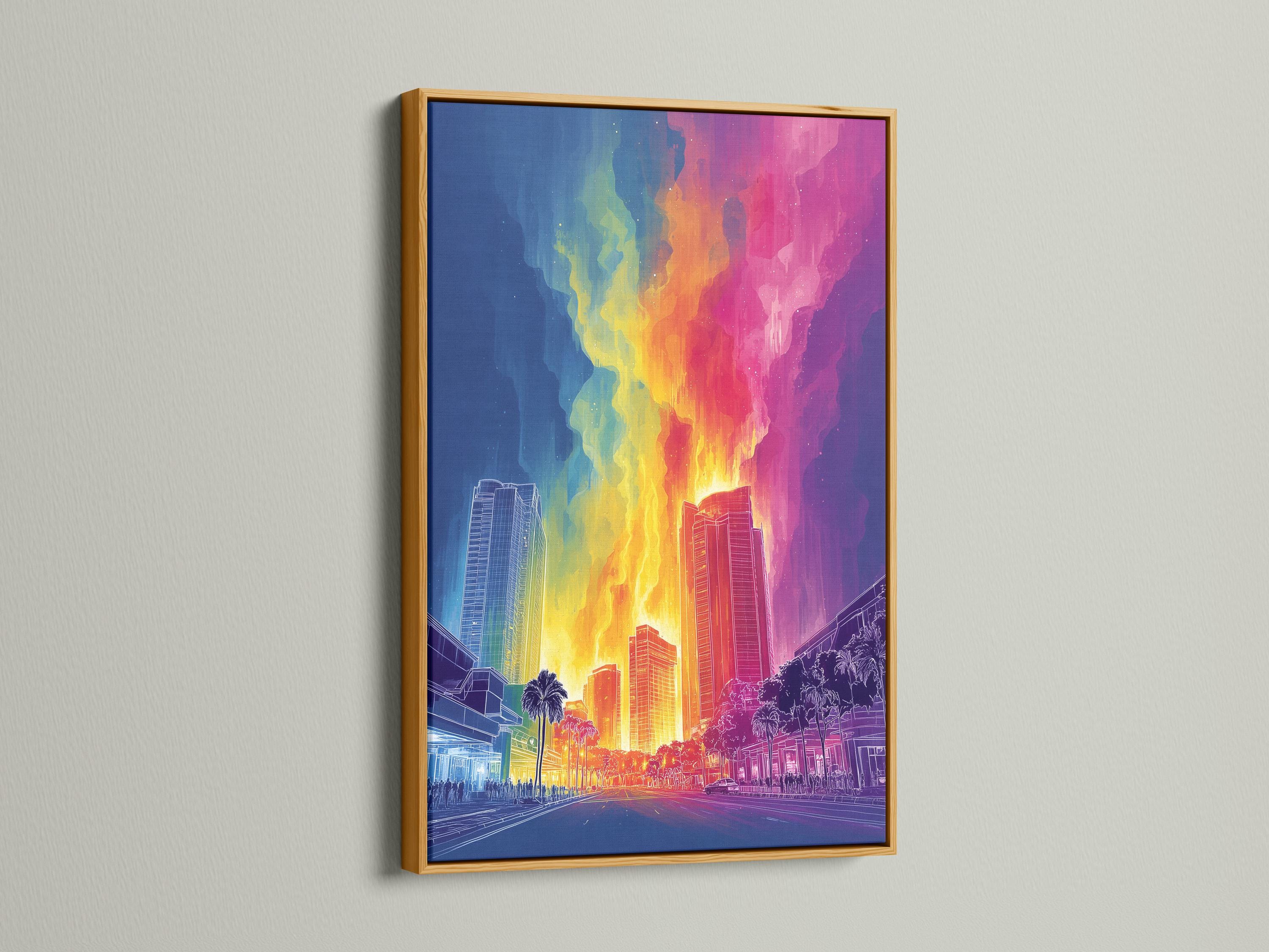 Neon rainbow cityscape skyline with glowing skyscrapers, street perspective and palm trees detail view