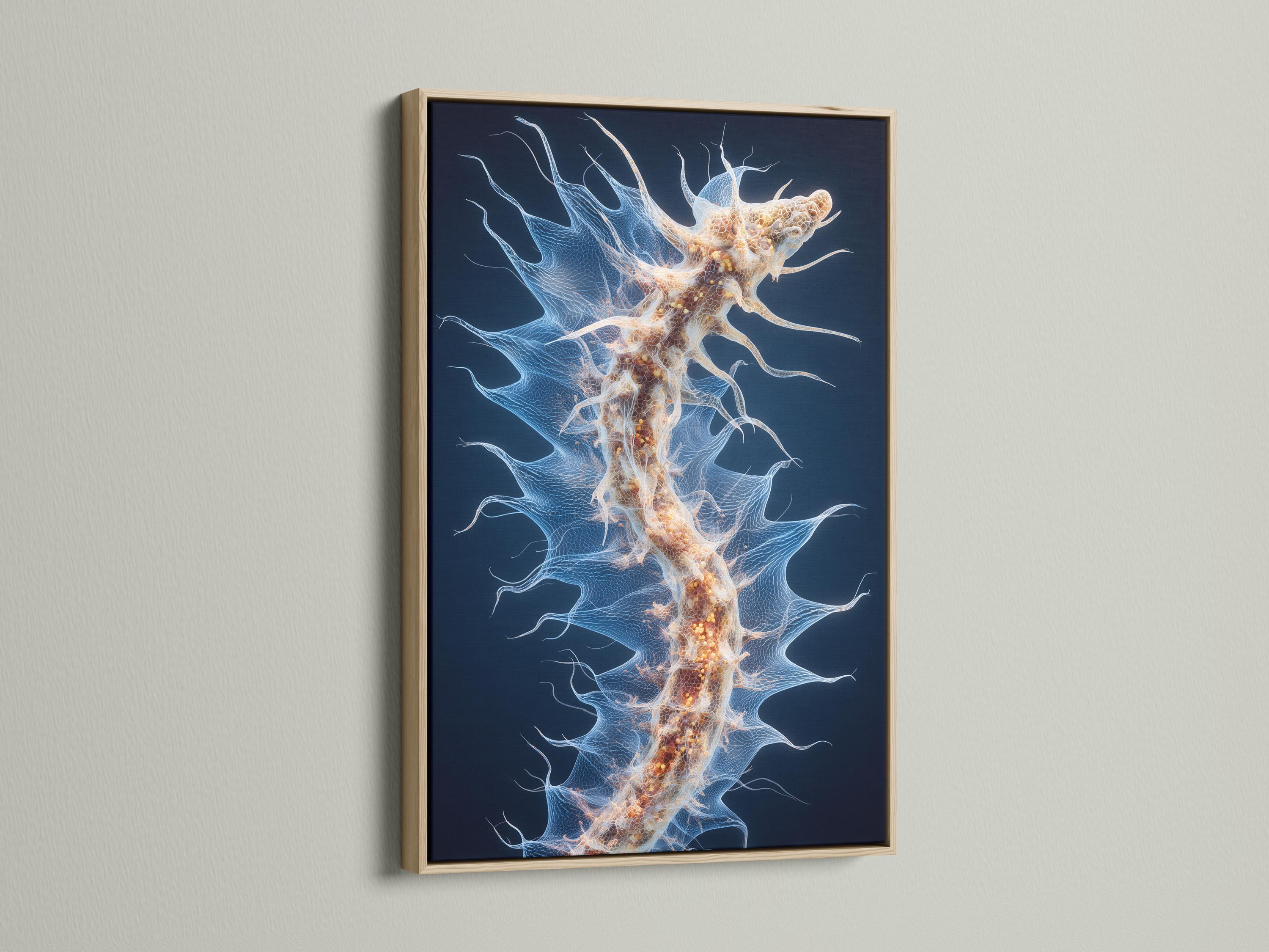 Abstract sea-anemone style artwork on a deep navy background with pale blue tendrils and gold speckles detail view