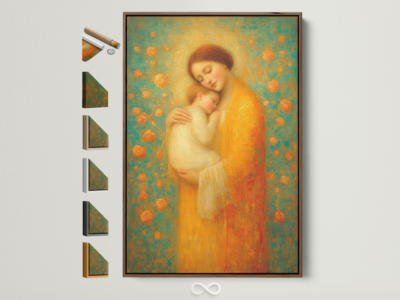 Warm gold mother holding a sleeping baby with halo against a teal patterned background