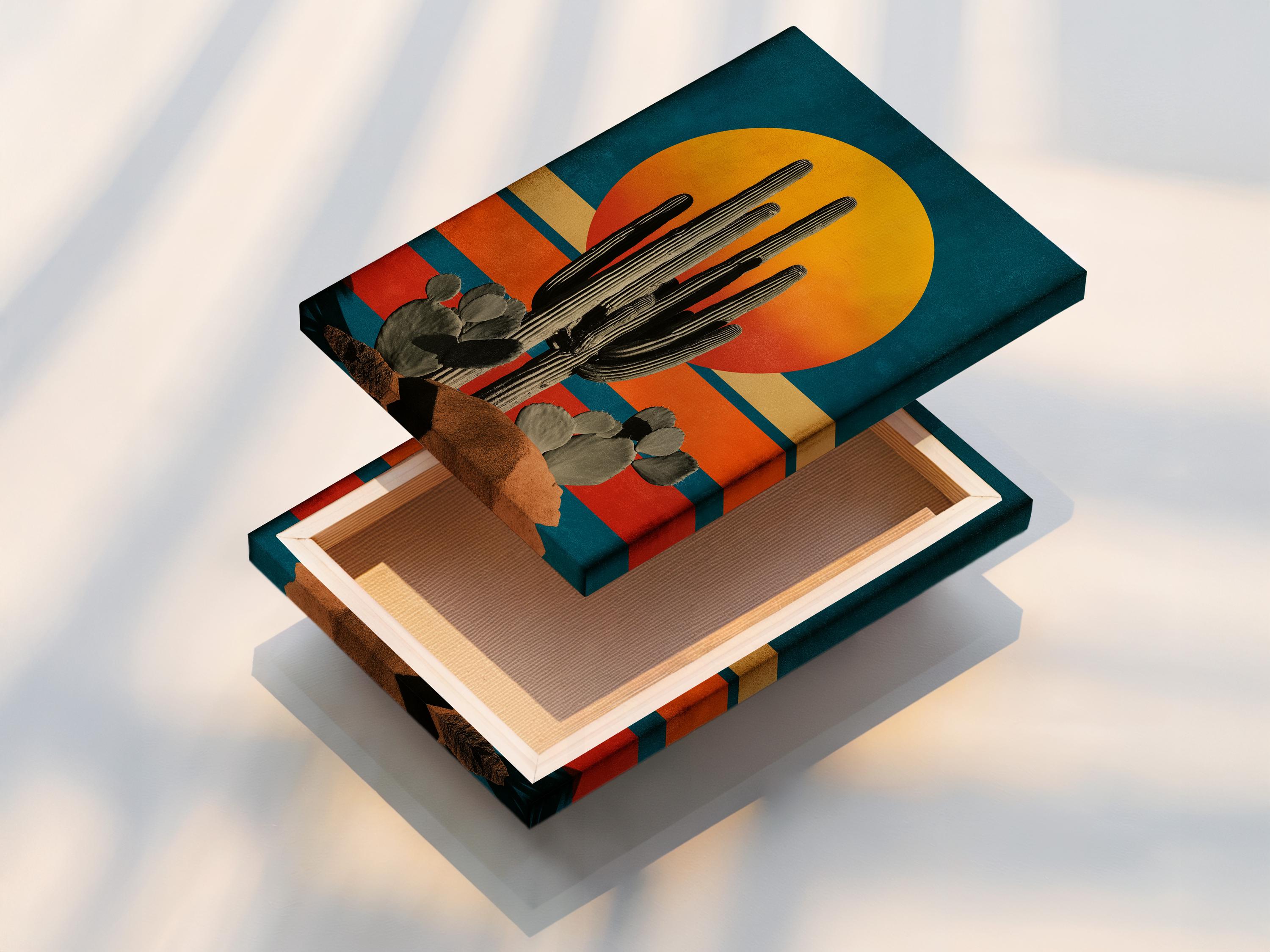 Illustration of a tall cactus with rounded pads beneath a large golden sun over teal and terracotta stripes detail view