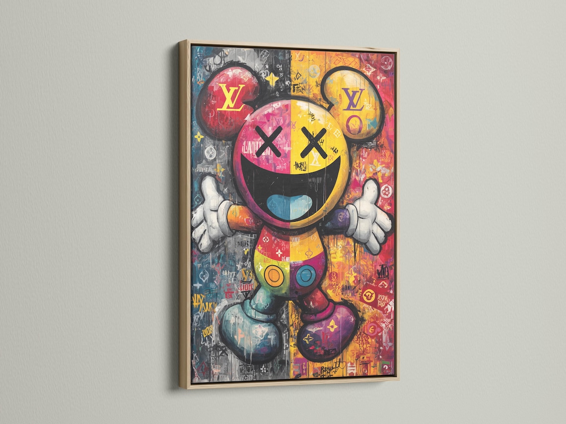 Colourful pop-art Mickey character portrait with thick black outlines and graffiti collage background detail view