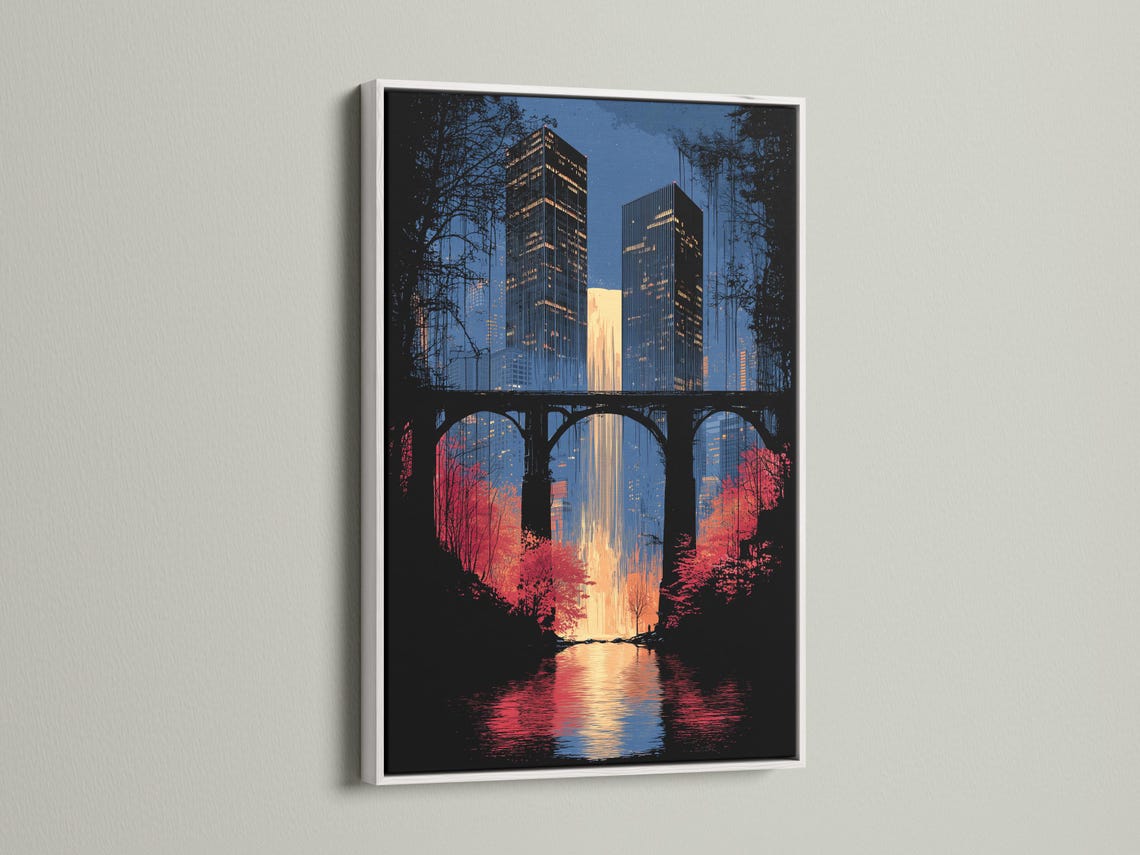 Night city skyline with illuminated buildings, arched bridge silhouette and river reflections detail view