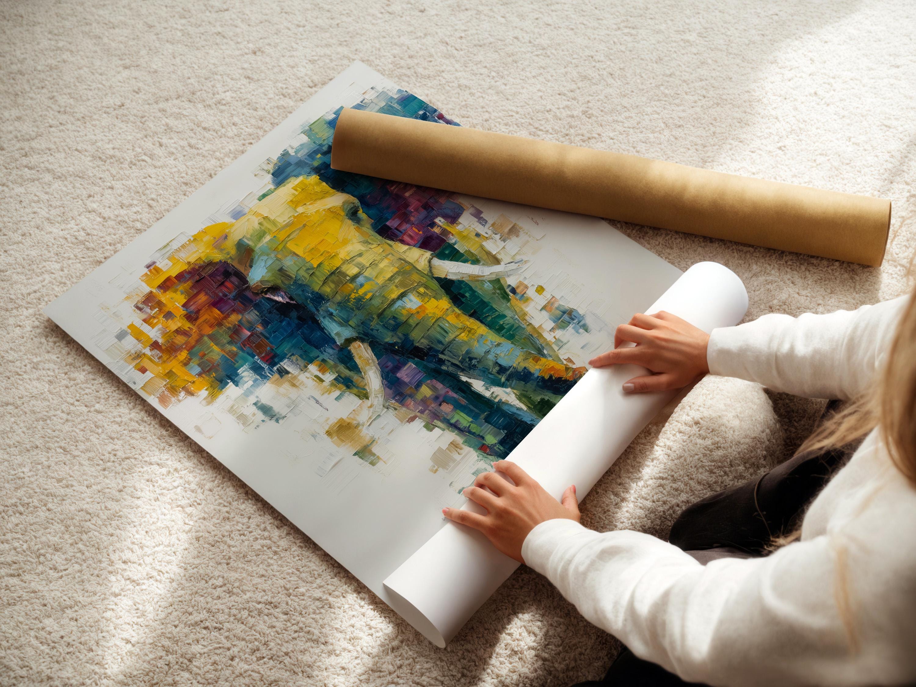 Abstract elephant artwork with layered teal, yellow and magenta colour blocks on an off-white background detail view