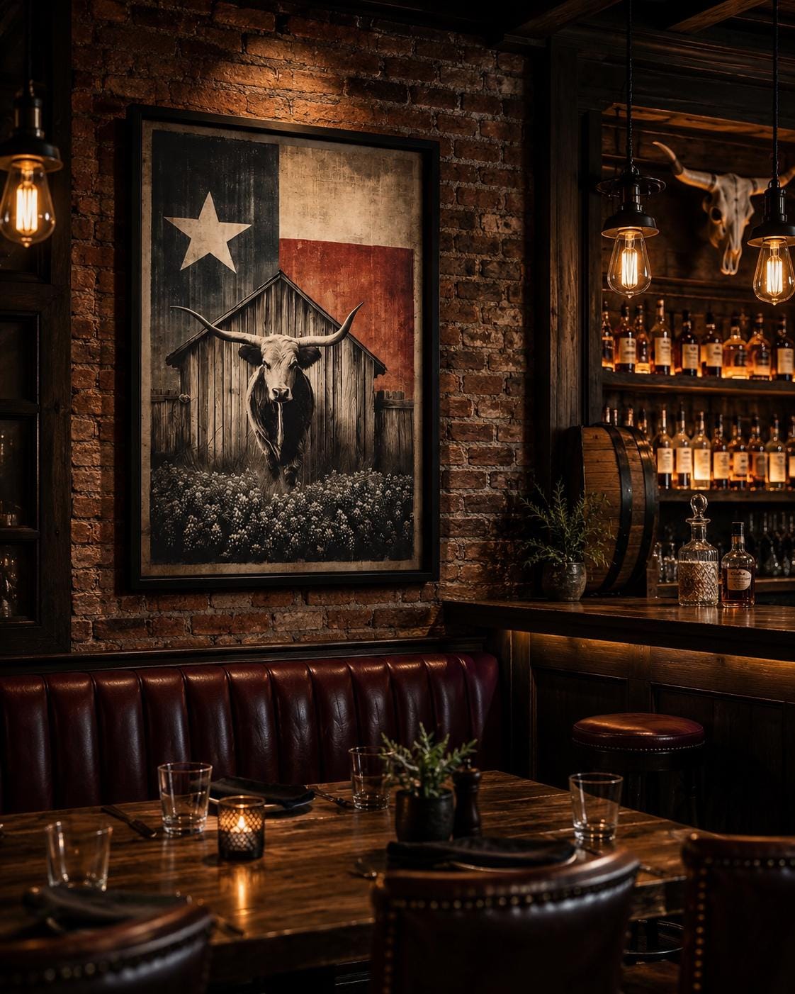 Longhorn steer illustration beneath a barn silhouette and a five-point star on a distressed sepia and charcoal background detail view