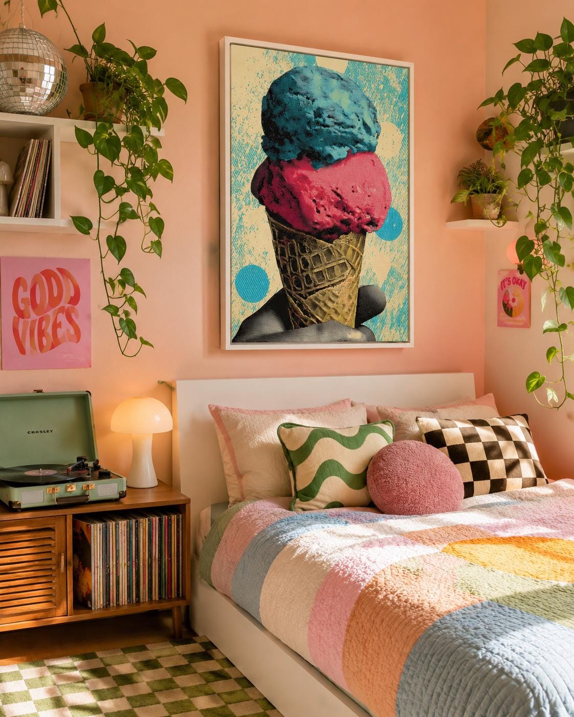 Pop-art ice cream cone illustration with turquoise and coral scoops and a patterned cone detail view