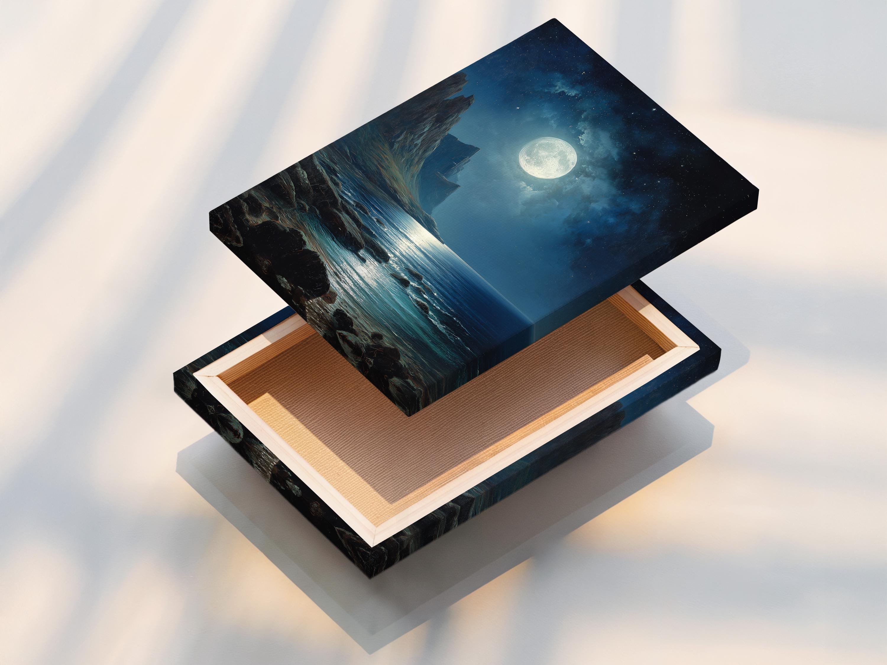 Moonlit ocean seascape with dark cliffs, starry night sky and glowing full moon detail view