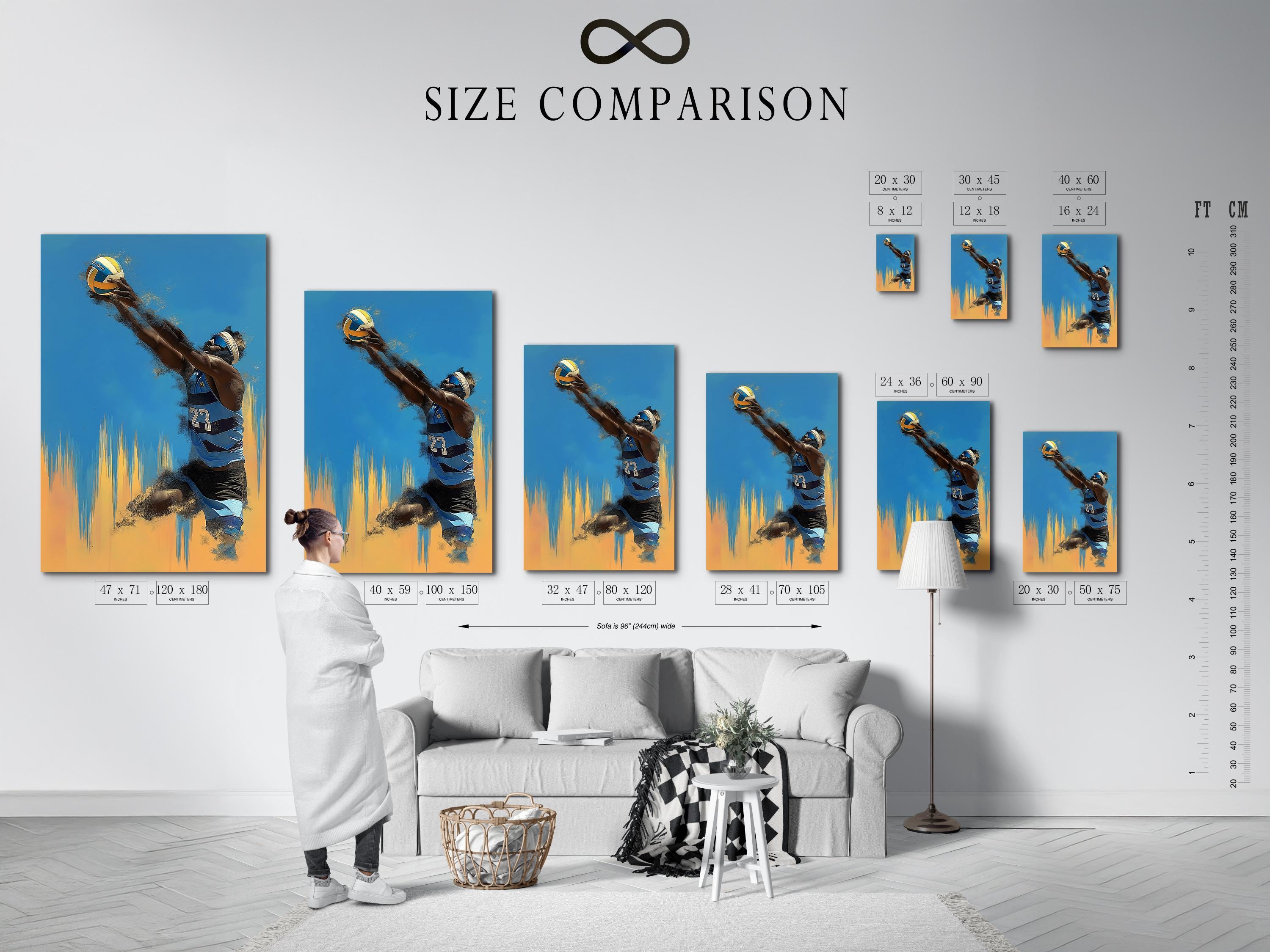 Blue and gold volleyball player action illustration with a visible number 23 detail view