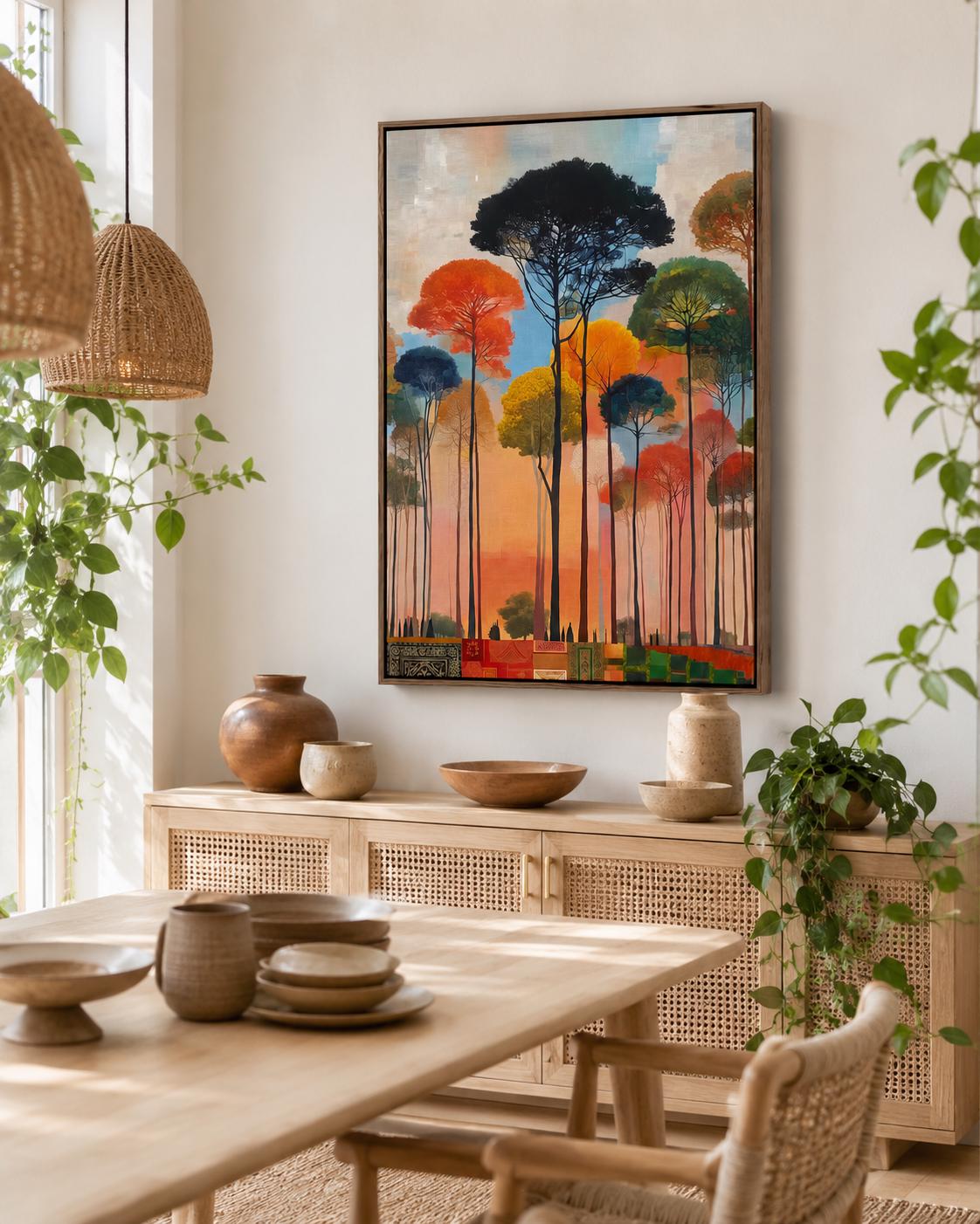 Room mockup with a large framed forest artwork above a sofa