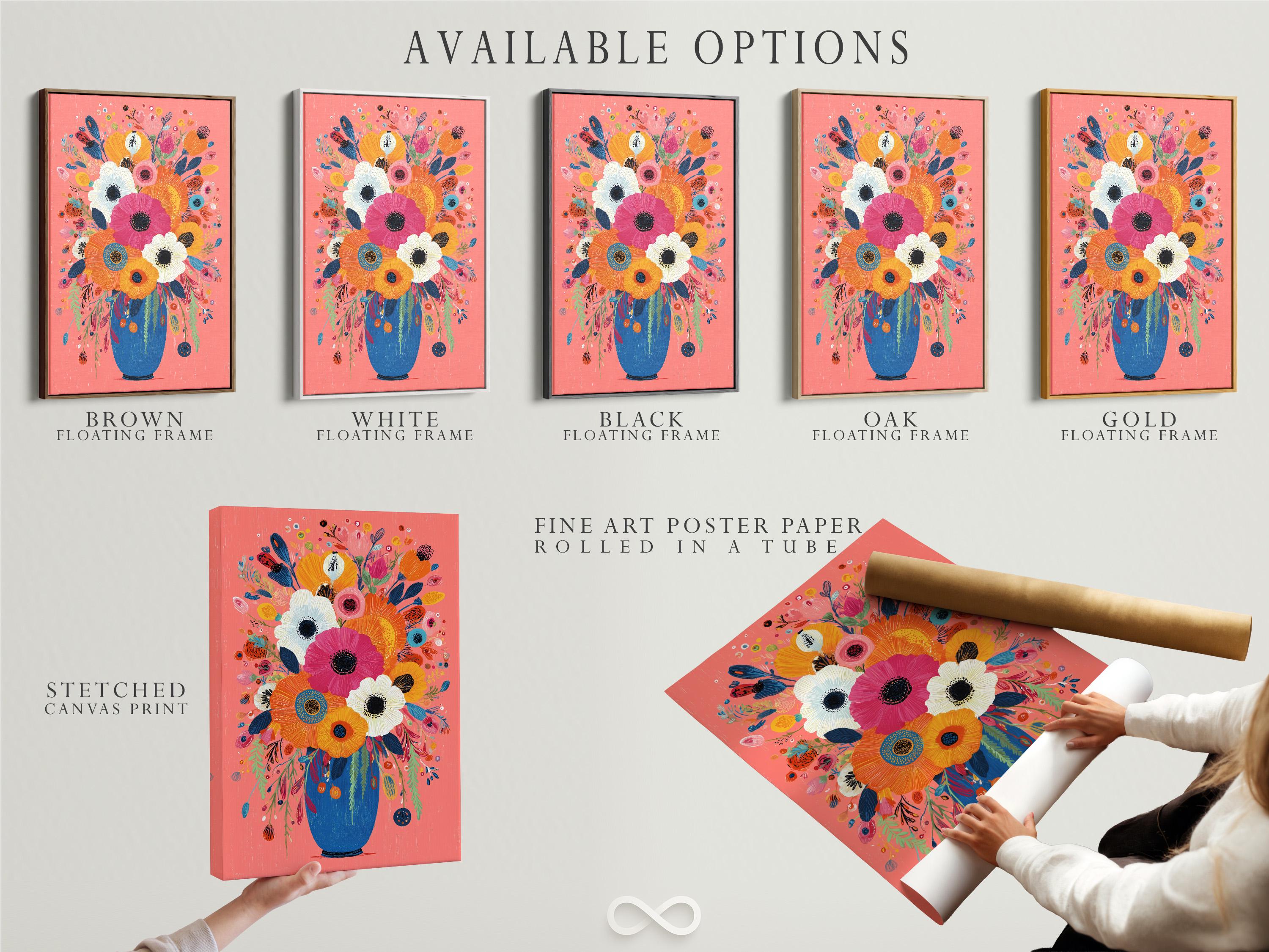 Stylised floral bouquet with large pink flowers in a blue vase on a coral background detail view
