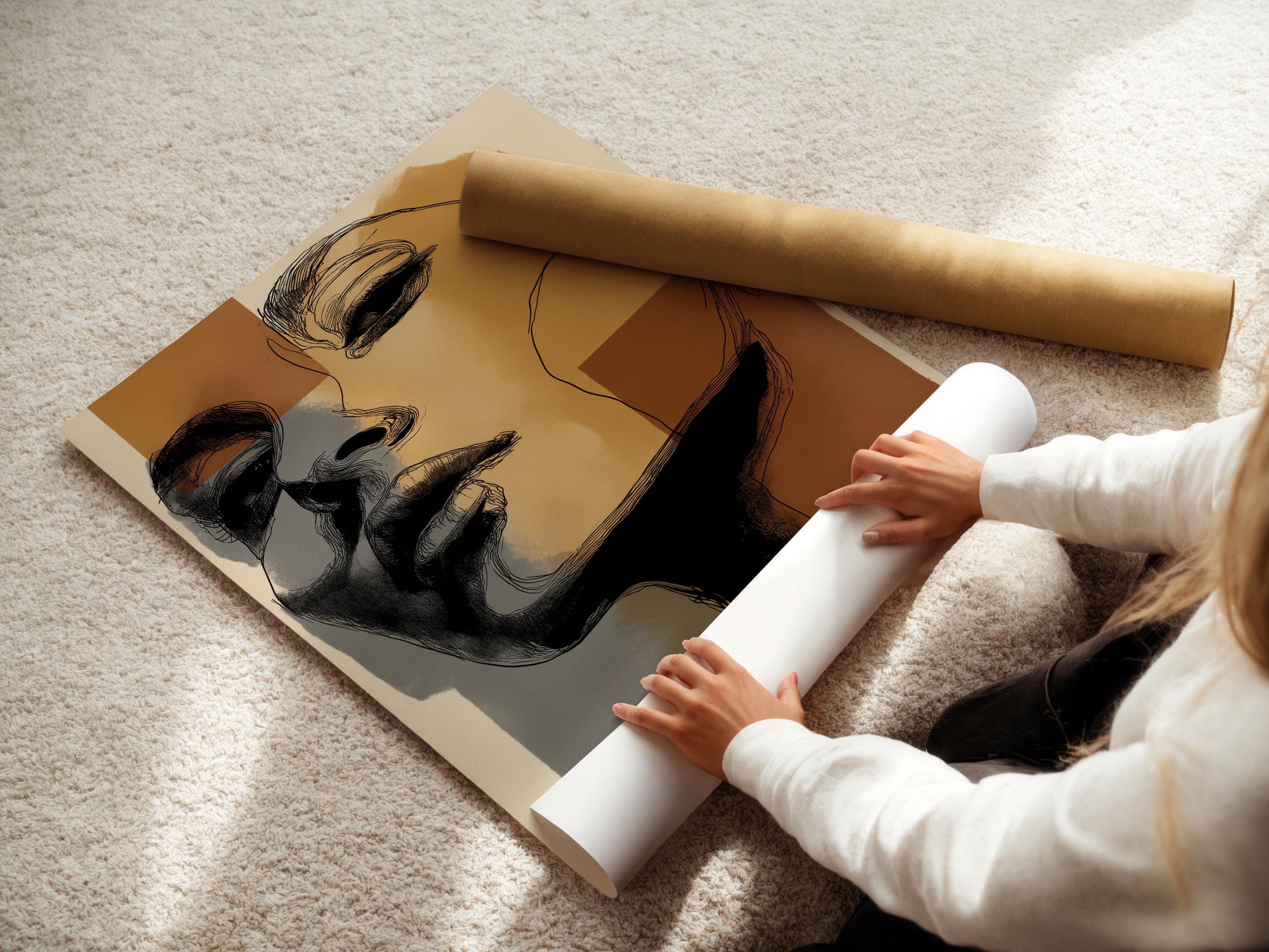 Room mockup showing a framed minimalist abstract face artwork with neutral earth-tone blocks