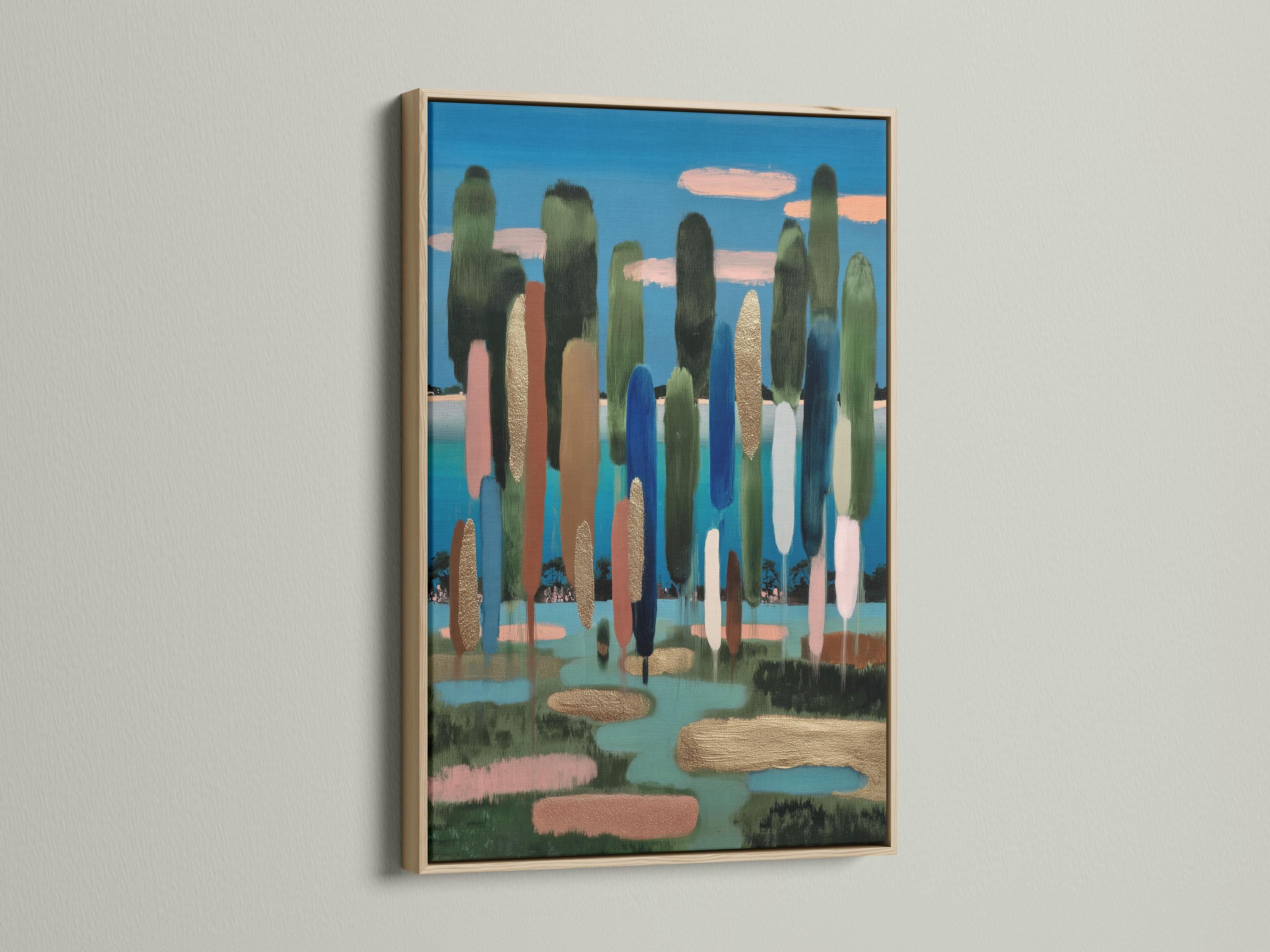 Abstract landscape with blue sky, tall green vertical shapes, and gold-toned reflections in water detail view
