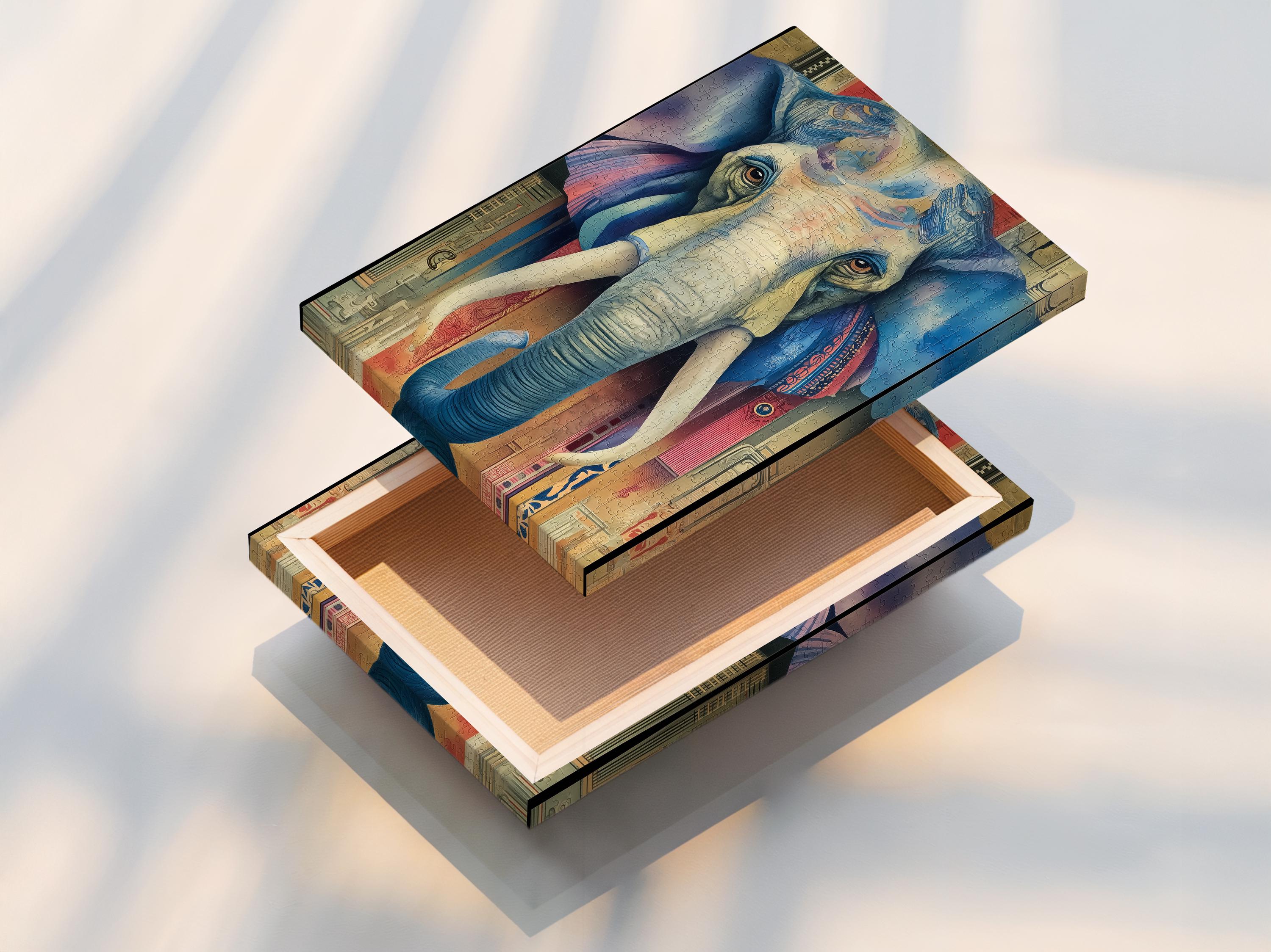 A stylised blue elephant portrait with patterned, map-like details sits centre-stage within a colourful, vintage-inspired background detail view