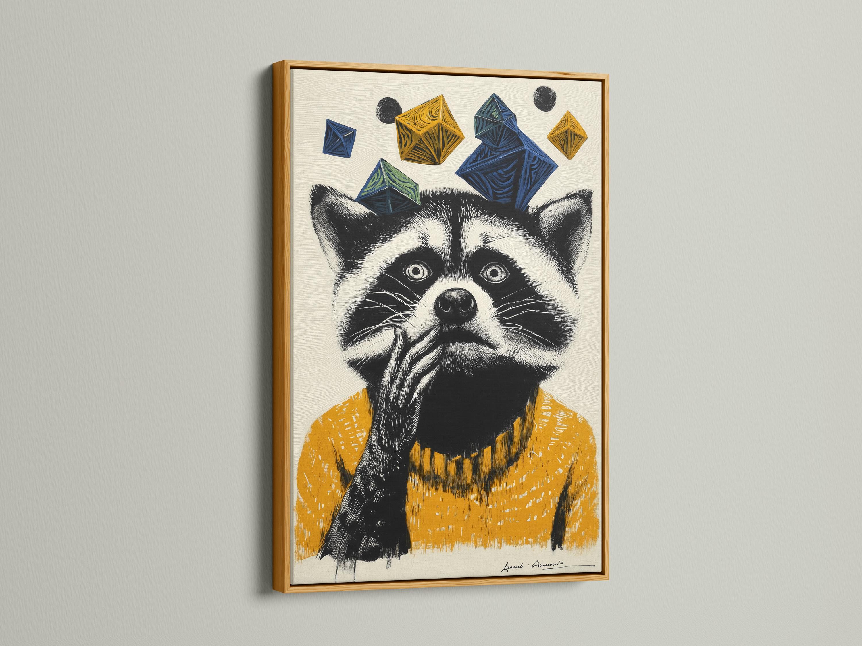 Stylised raccoon portrait with black and white fur, mustard yellow texture, and floating navy geometric shapes detail view