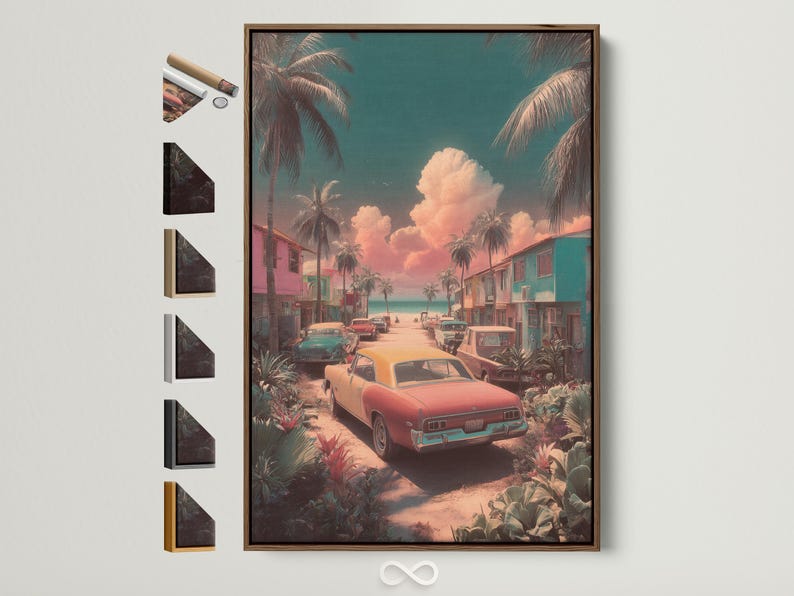 Retro coastal street illustration with classic cars, palm trees, and a teal pink sunset sky