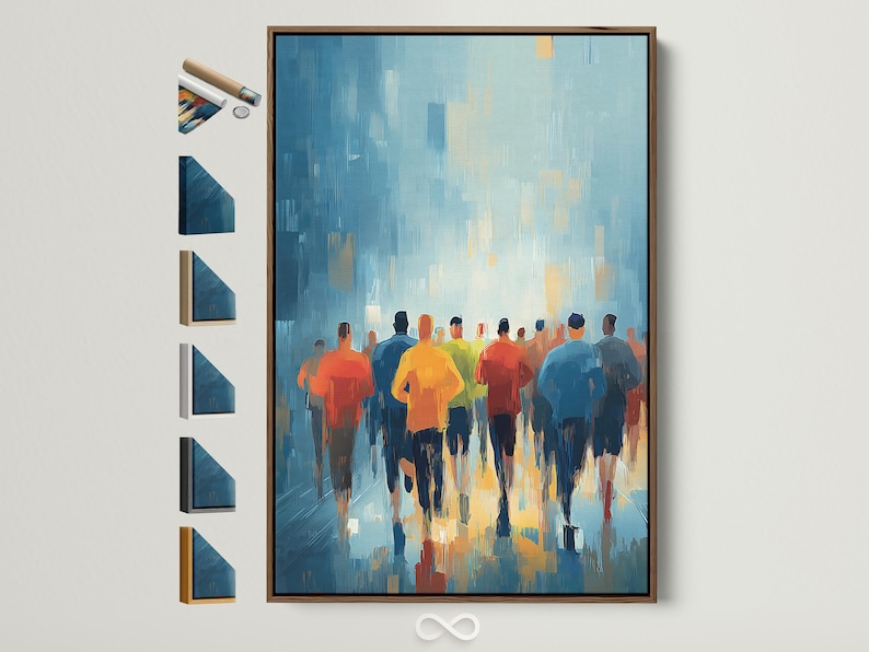 Stylised runners crowd in warm colours against a blue city-like background