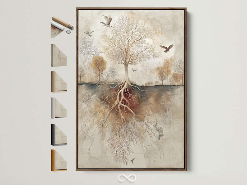 Beige tree-of-life botanical illustration with exposed roots and birds flying