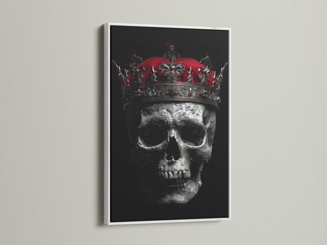Dark gothic skull wall art mockup with ornate crown and red moon