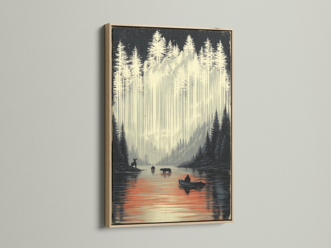 Room mockup showing a framed misty lake wildlife landscape artwork