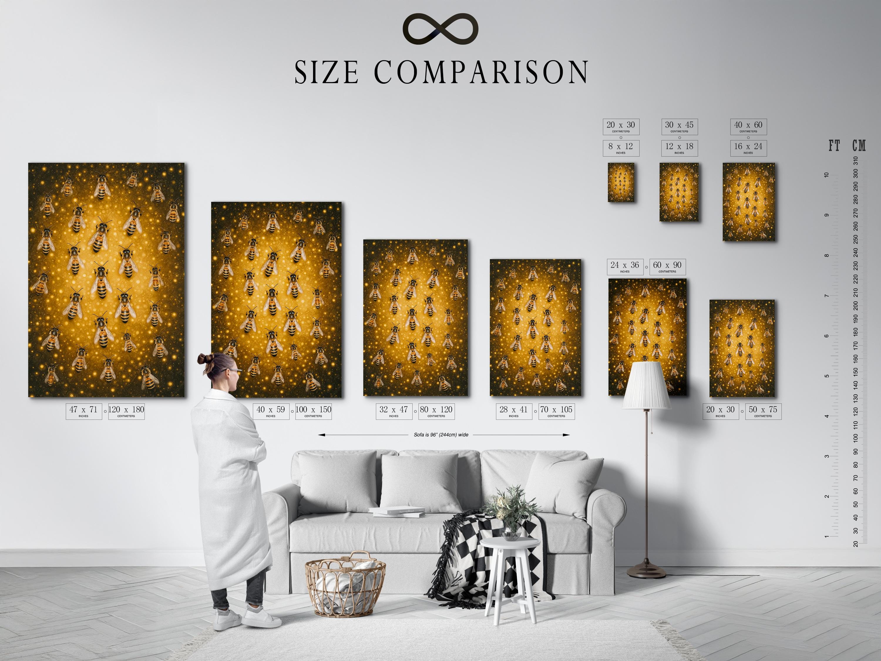 Illustrated bees with black and yellow stripes on a warm golden honeycomb-like background detail view