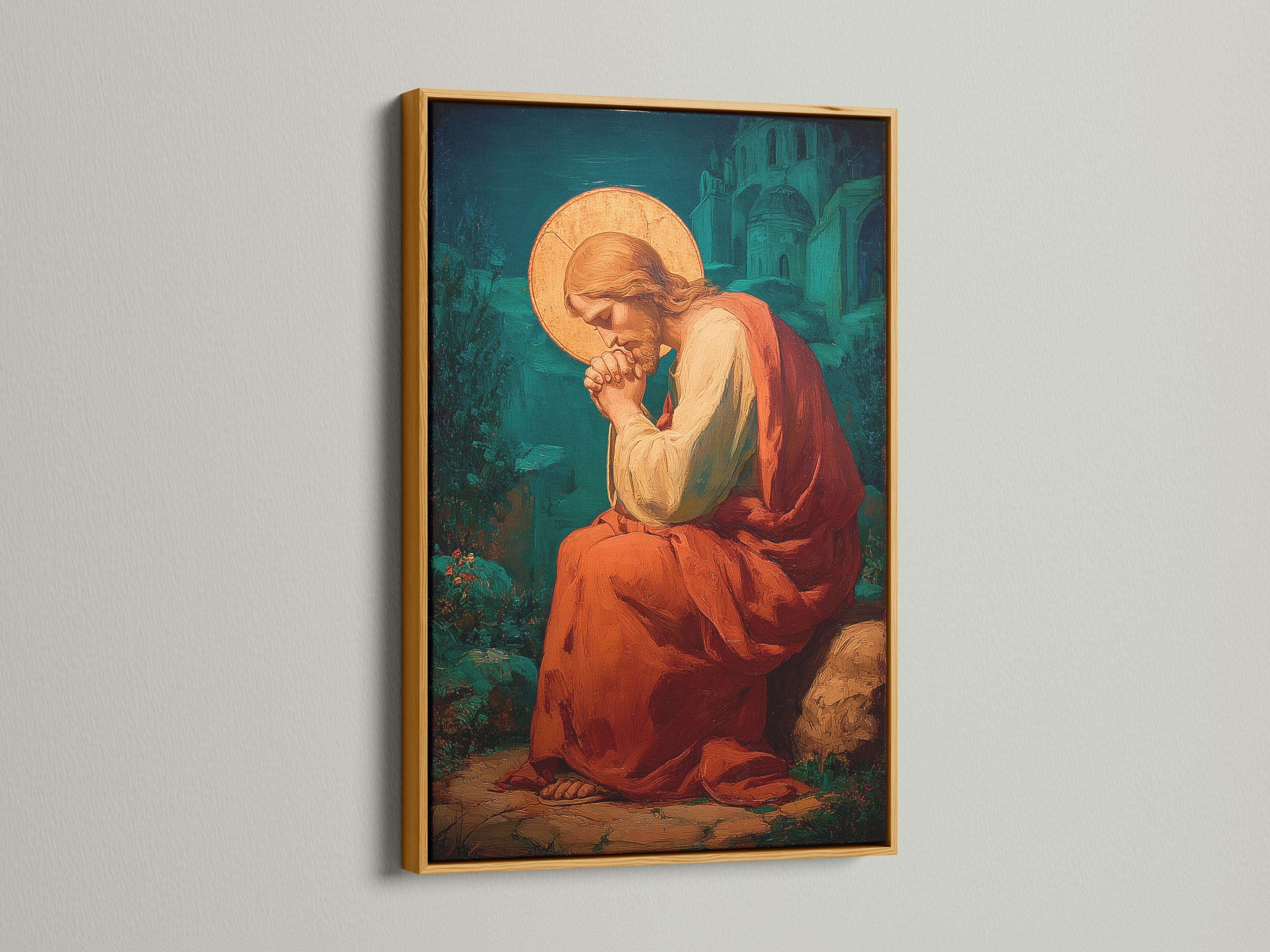 Wall mockup showing a framed painting with a praying figure and gold halo on a beige wall