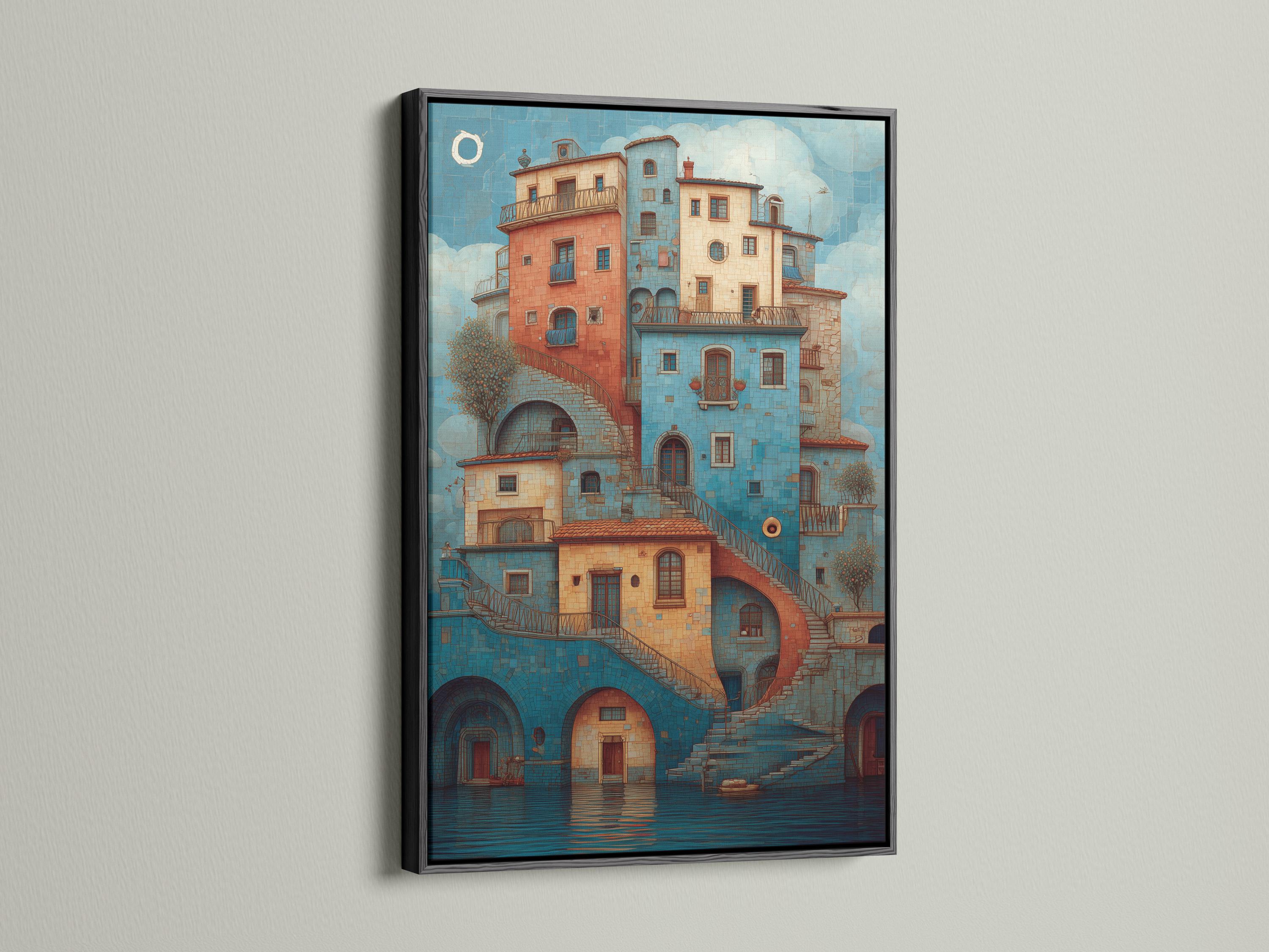 Turquoise and coral Mediterranean cityscape with arched windows, balconies, staircases and reflective water detail view