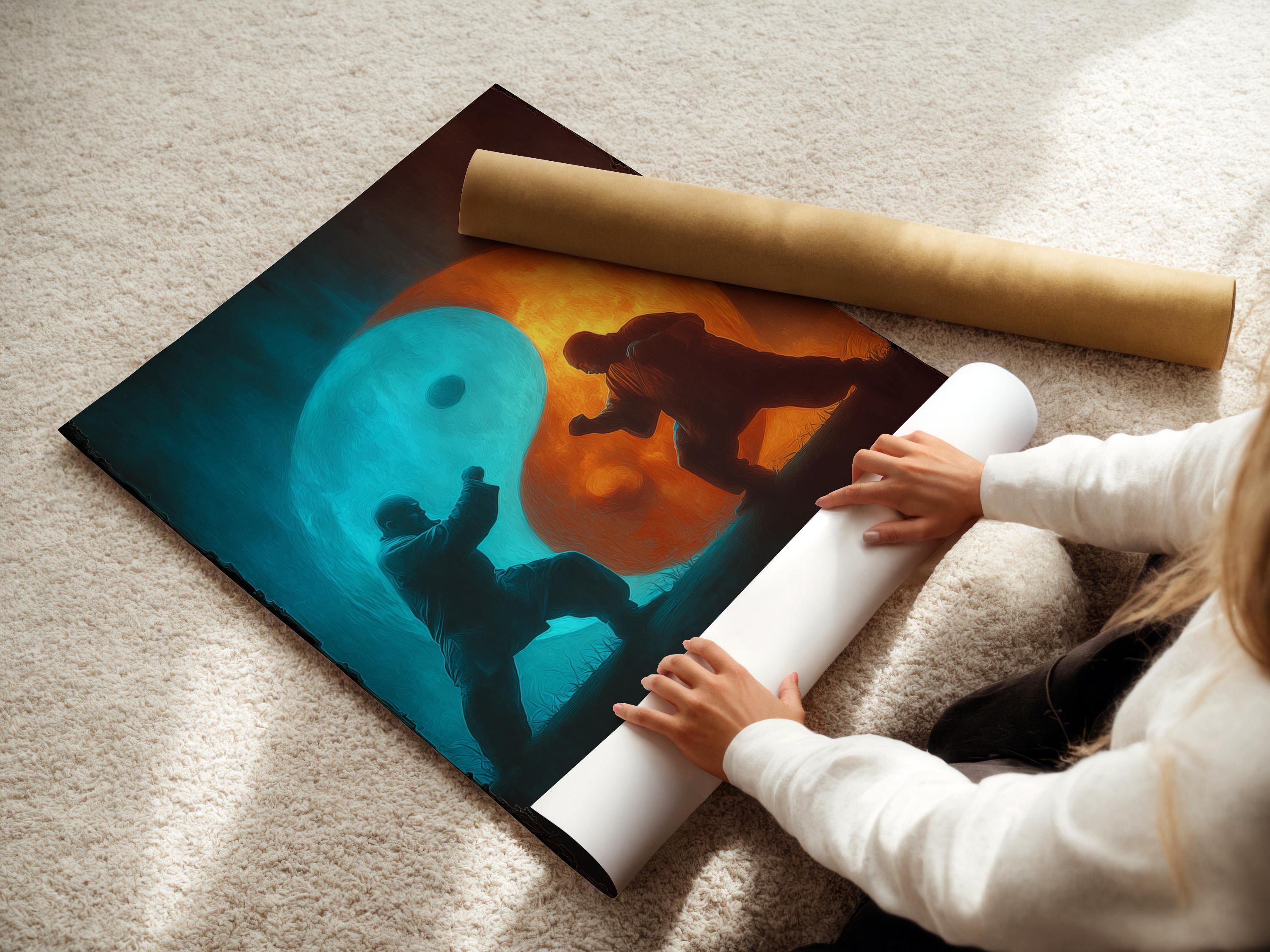 Turquoise and orange yin-yang style artwork with two martial artists facing each other detail view