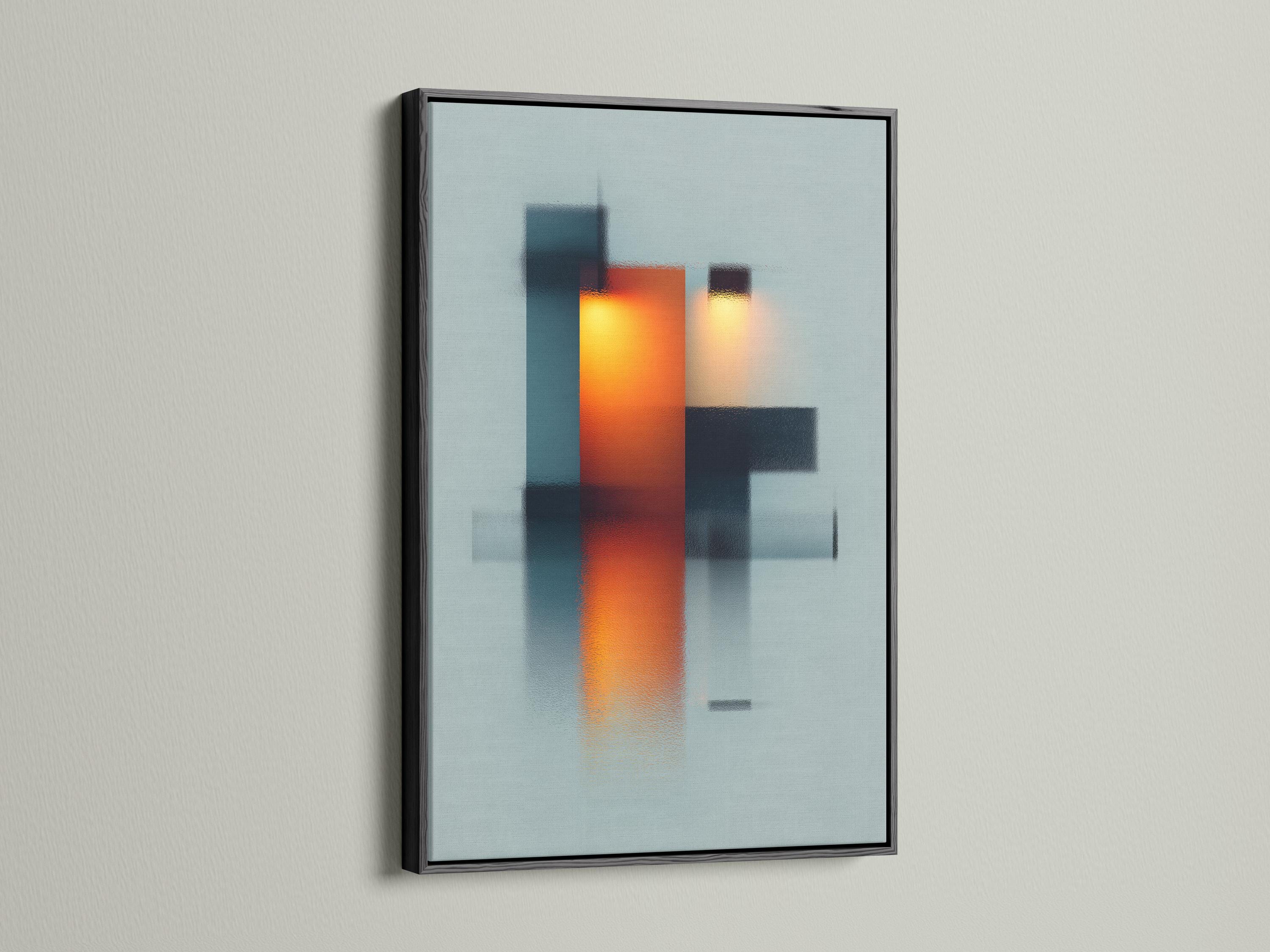 Room mockup showing a framed abstract geometric artwork with teal, deep blue and orange blocks