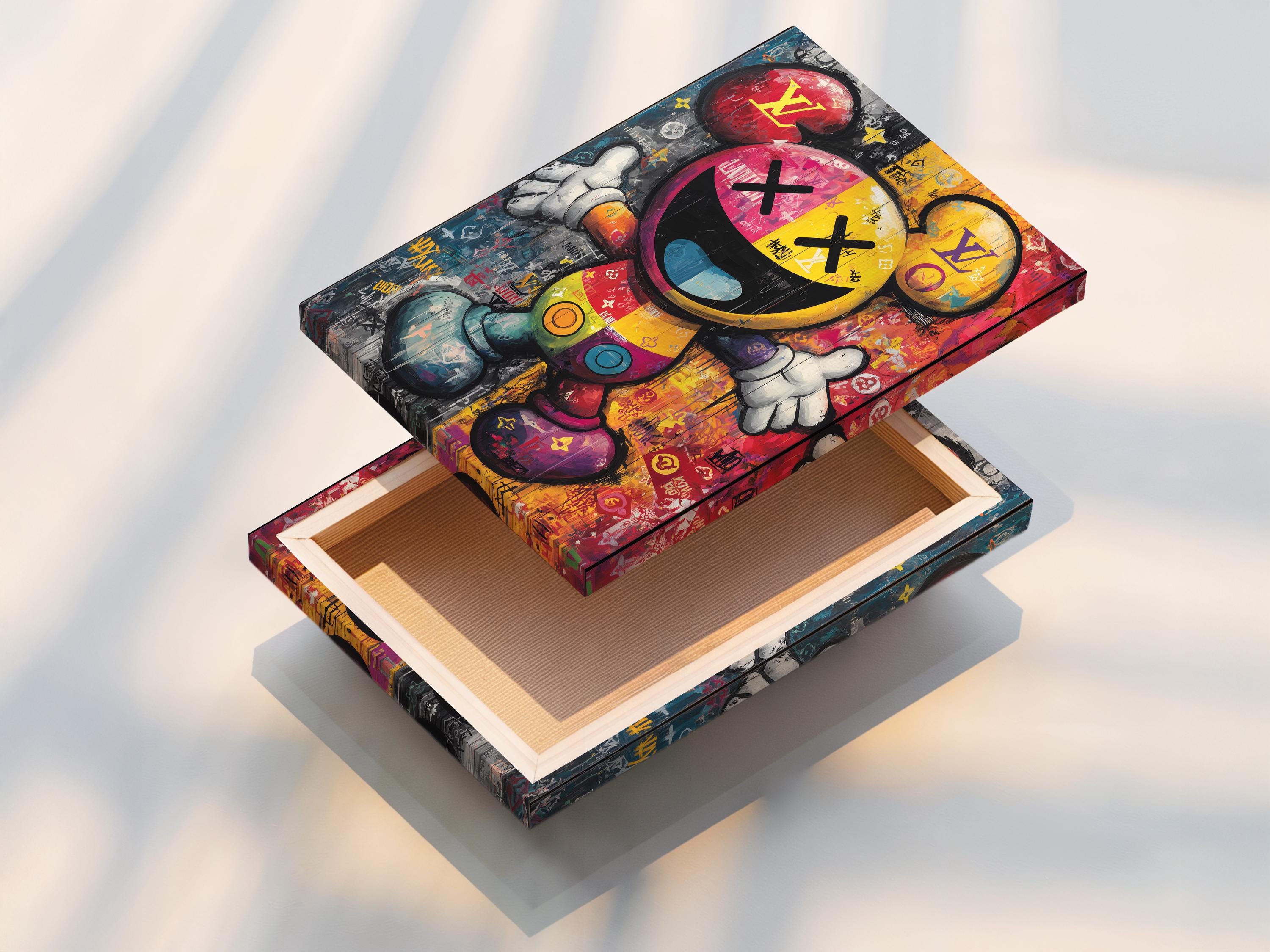 Colourful pop-art Mickey character portrait with thick black outlines and graffiti collage background detail view