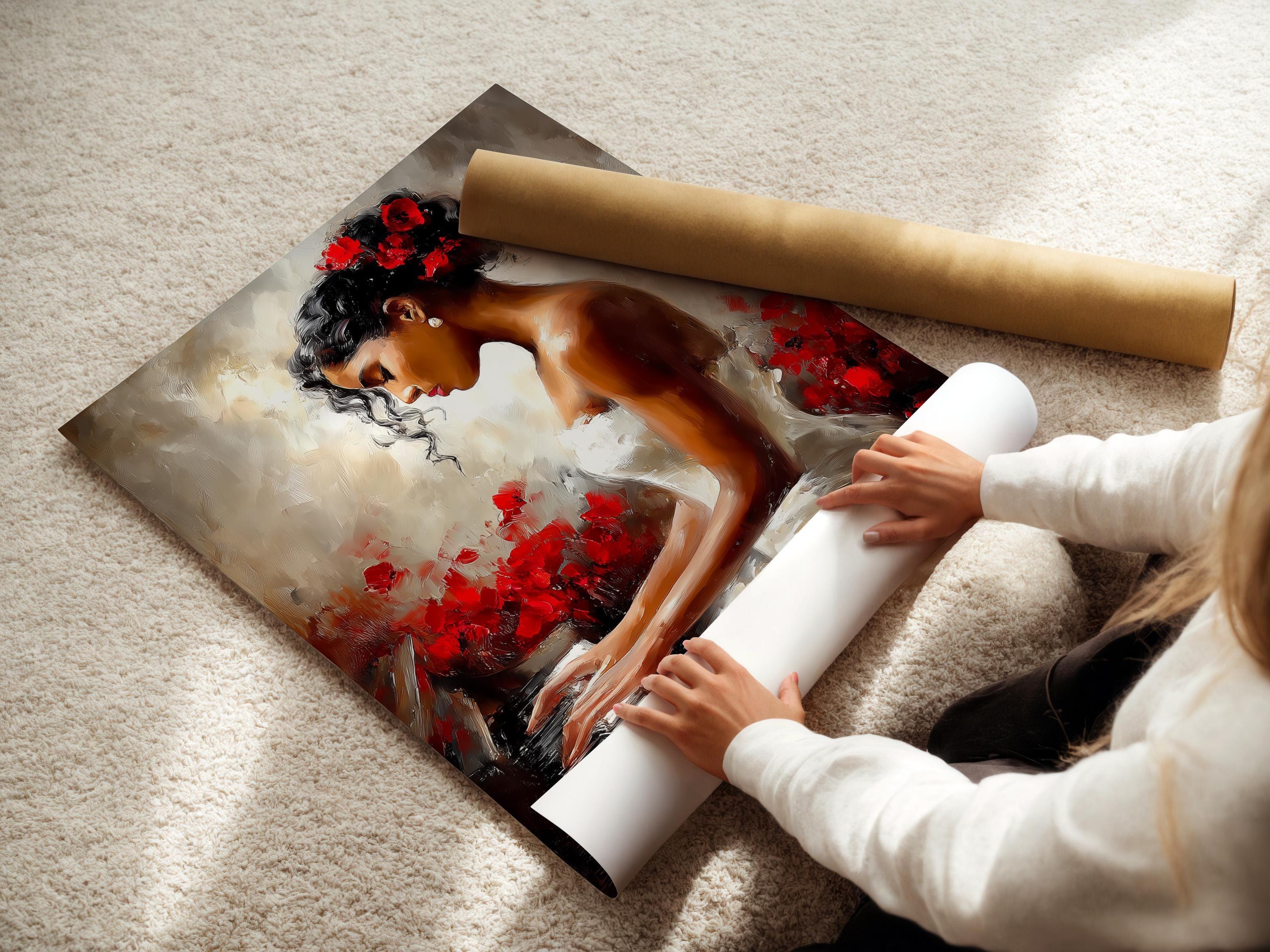 A framed artwork of a woman playing a piano with red flowers displayed in a room