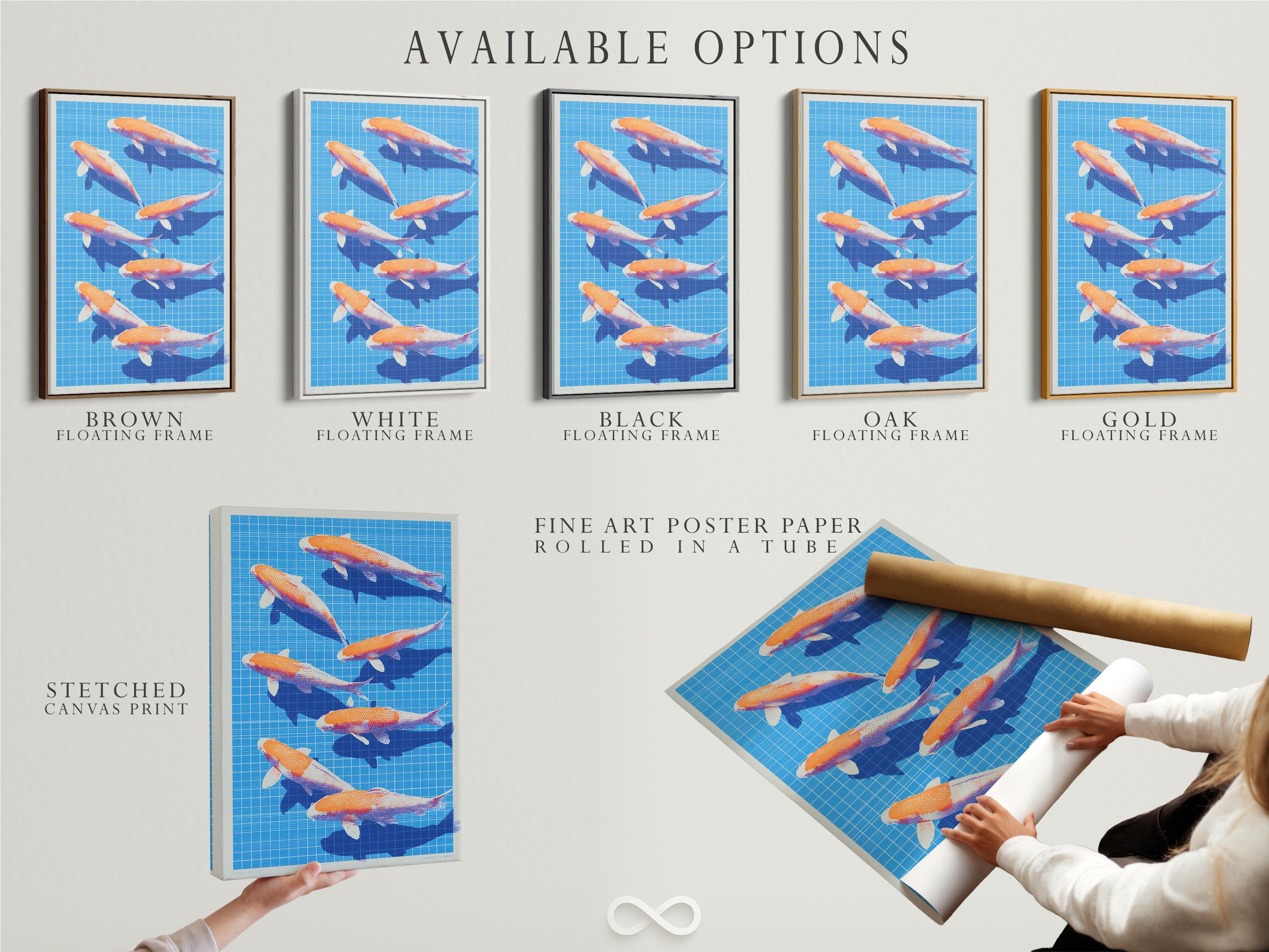 Orange koi fish swimming on a bright blue grid background with dark blue water shapes detail view