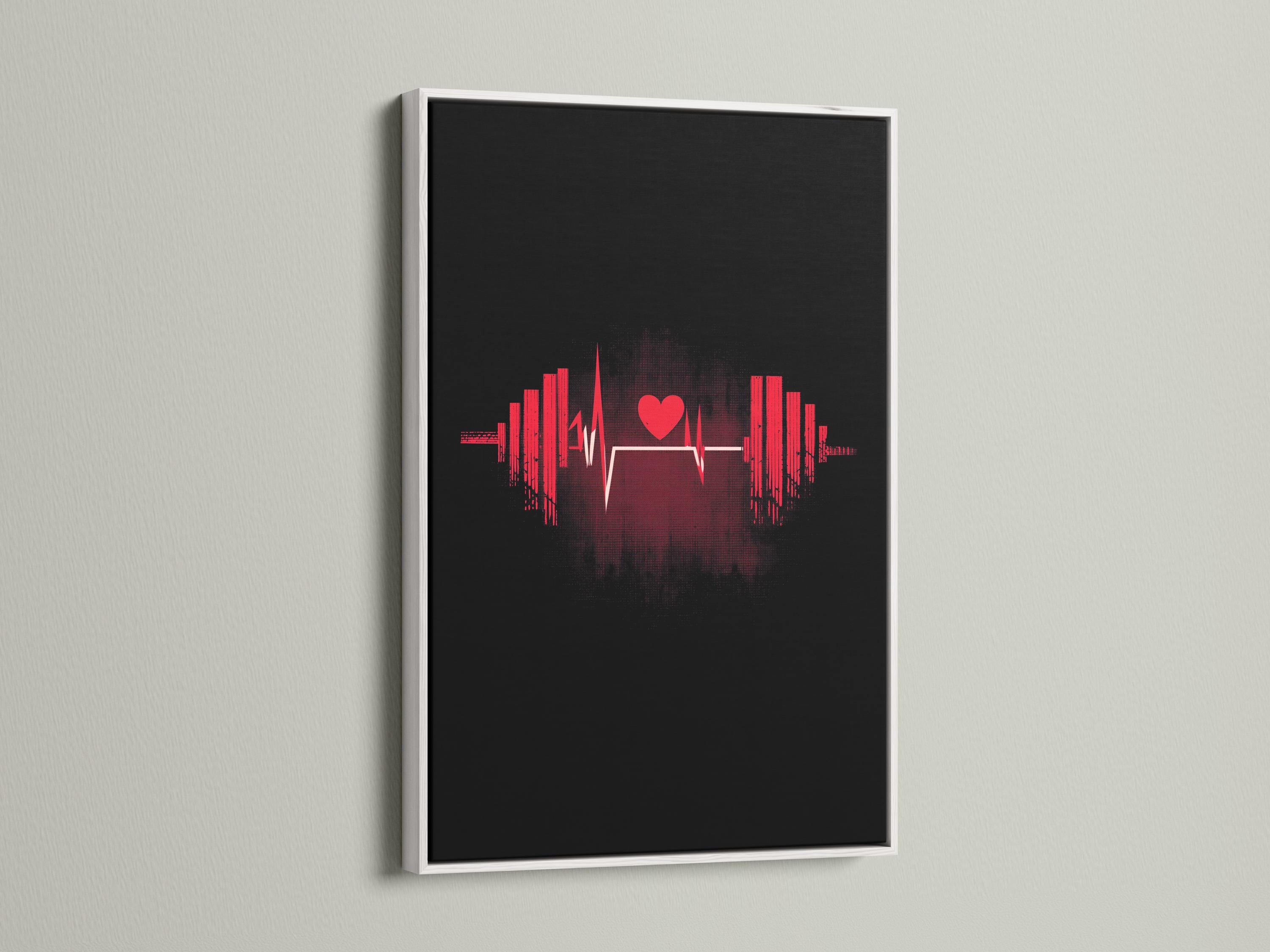 Black fitness graphic with a red heart icon, pulse waveform line and symmetrical vertical bars detail view
