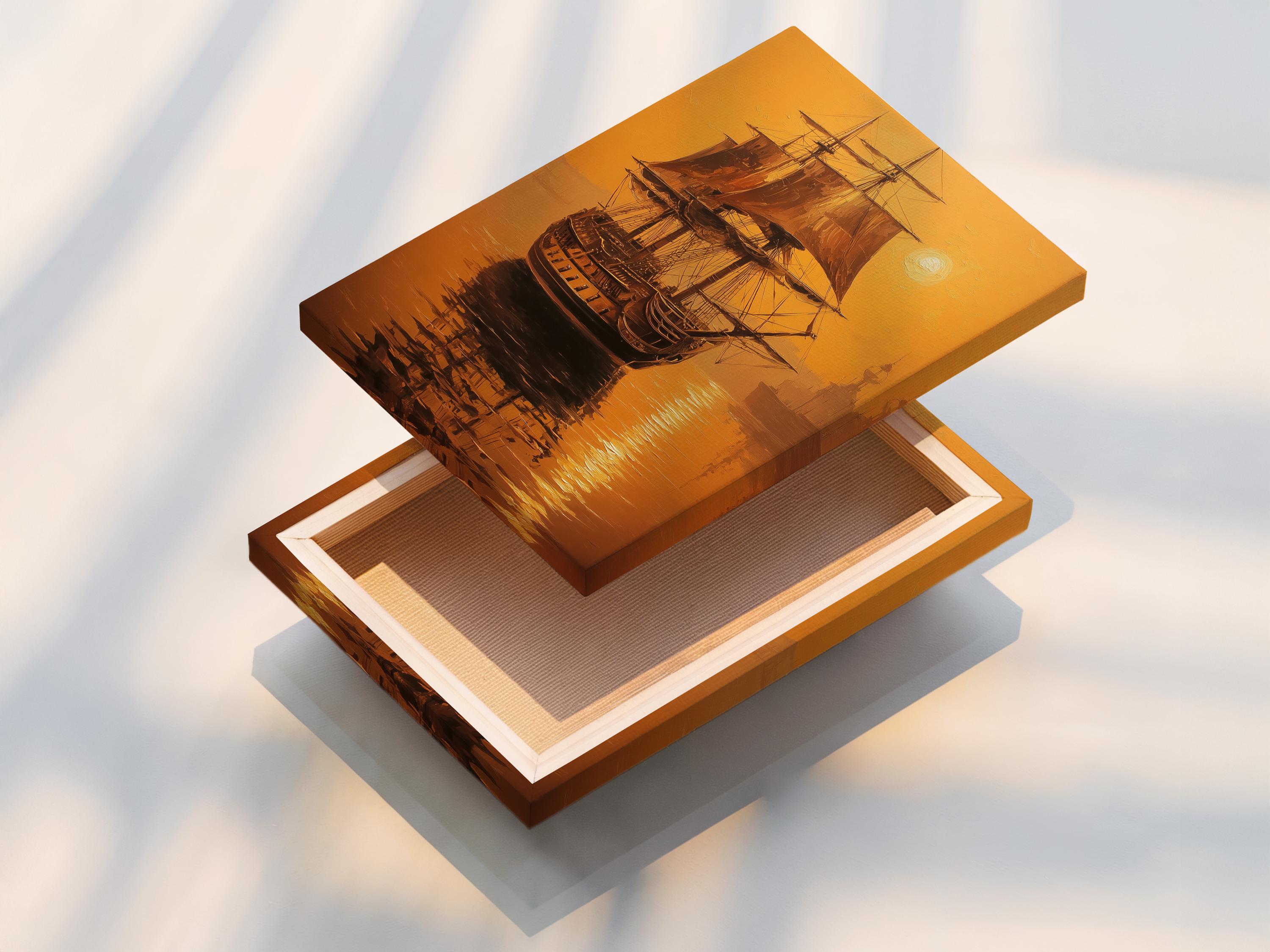 Sailing ship at sea in warm gold and brown tones with a bright pale disc and water reflections detail view