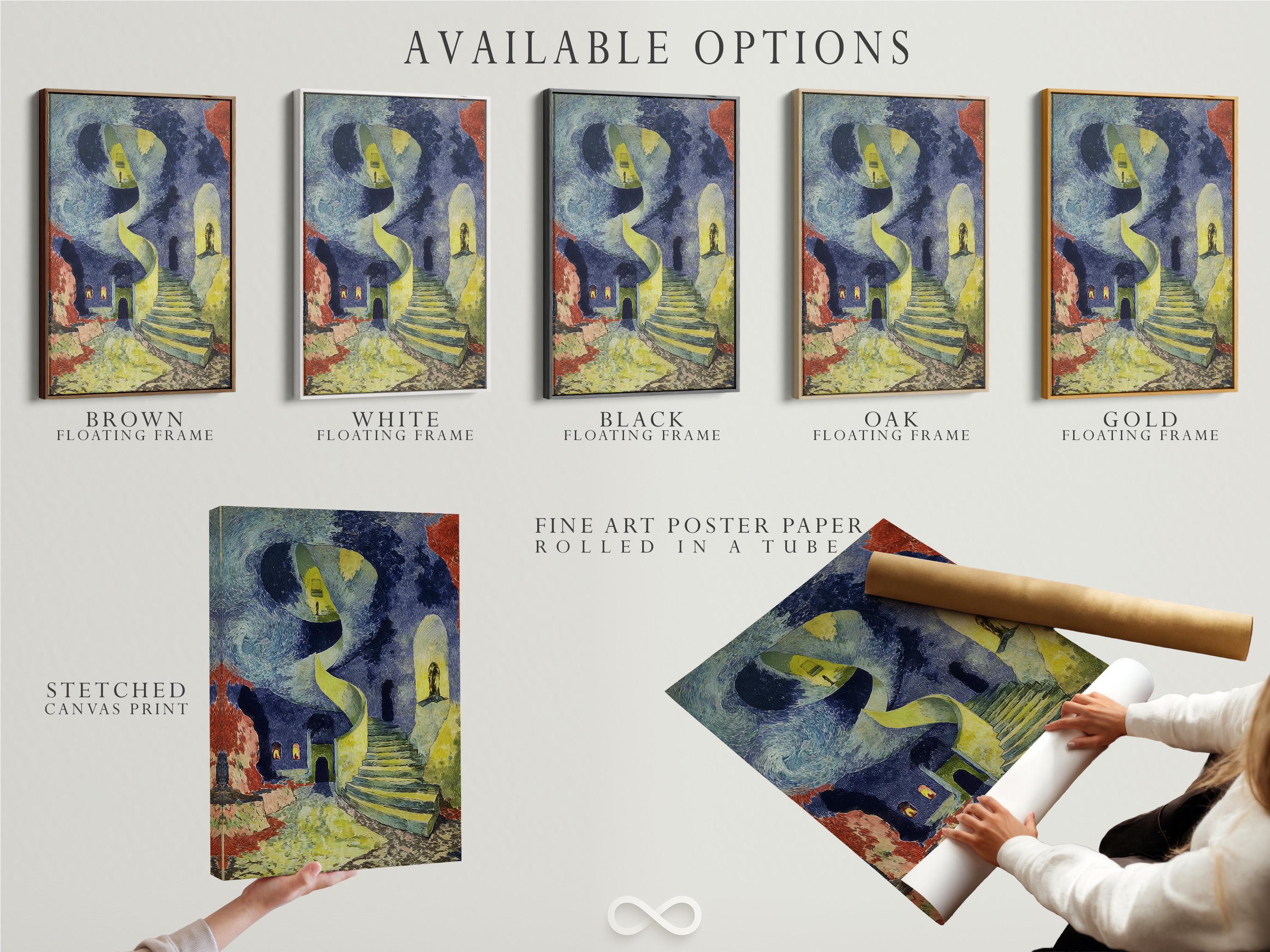 Room mockup showing framed surreal spiral staircase artwork with blue and green tones
