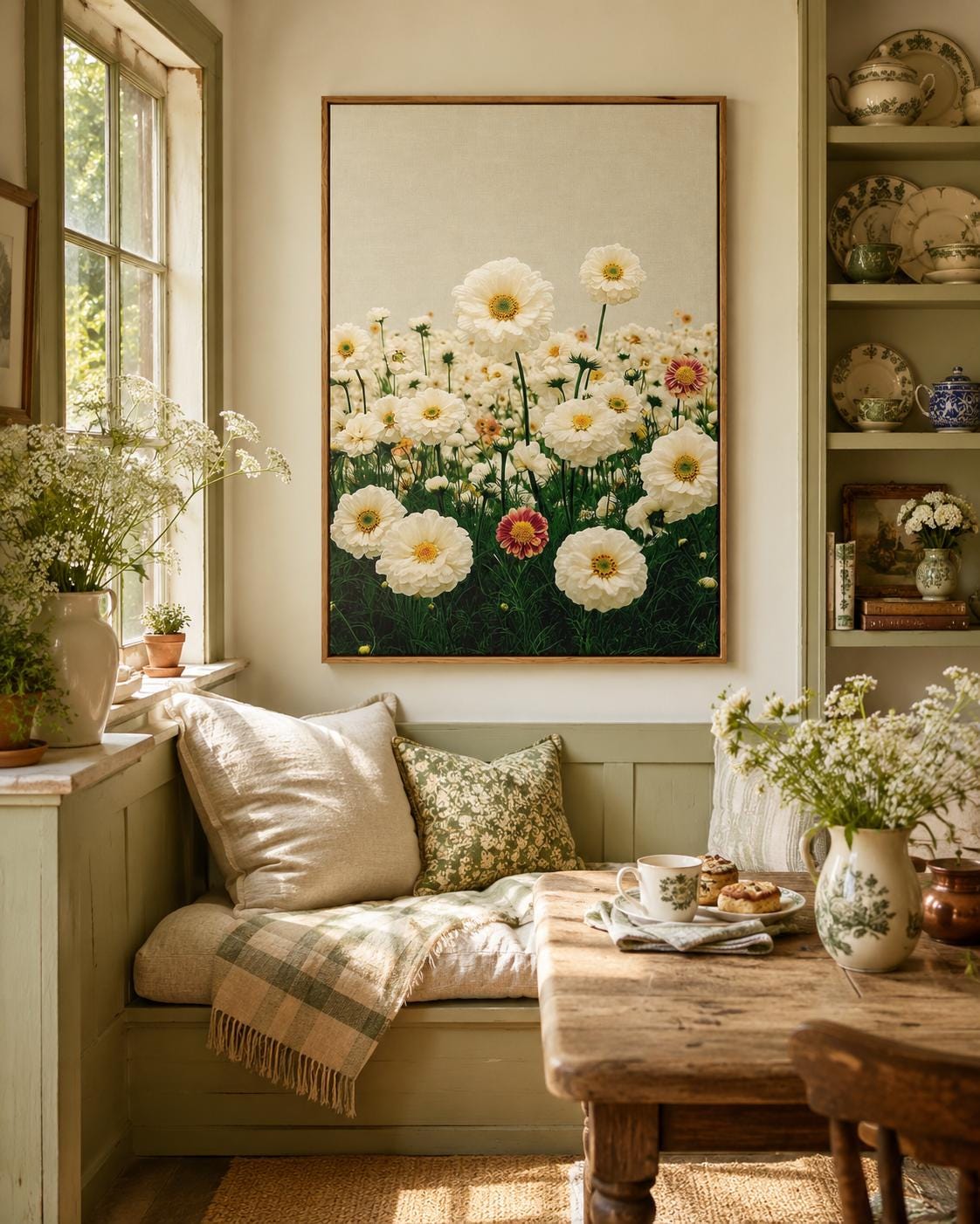 Room mockup showing a person holding flowers beside framed daisy meadow artwork