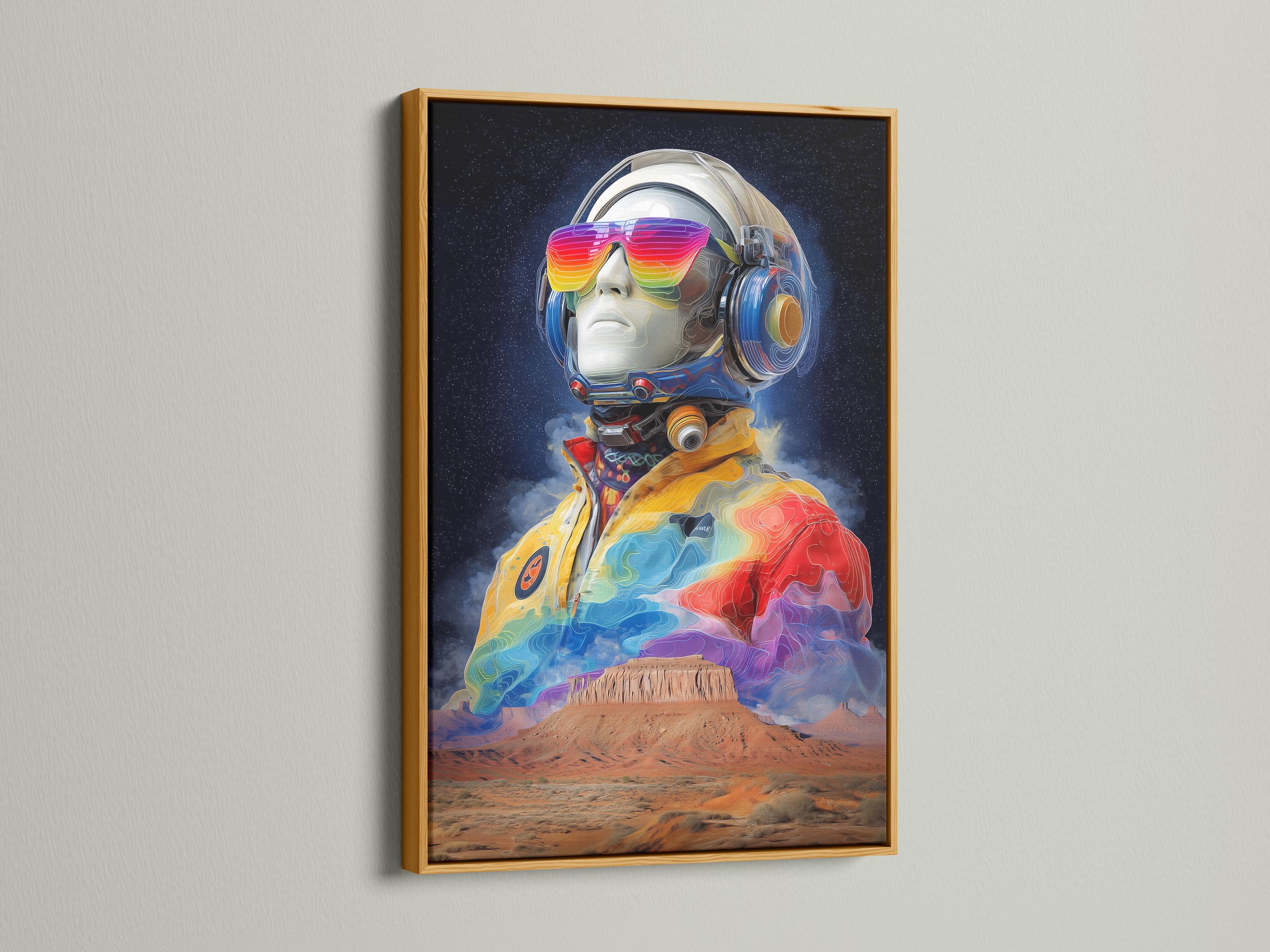 Futuristic astronaut standing in a desert under a dark starry sky with rainbow colours on the helmet and suit detail view