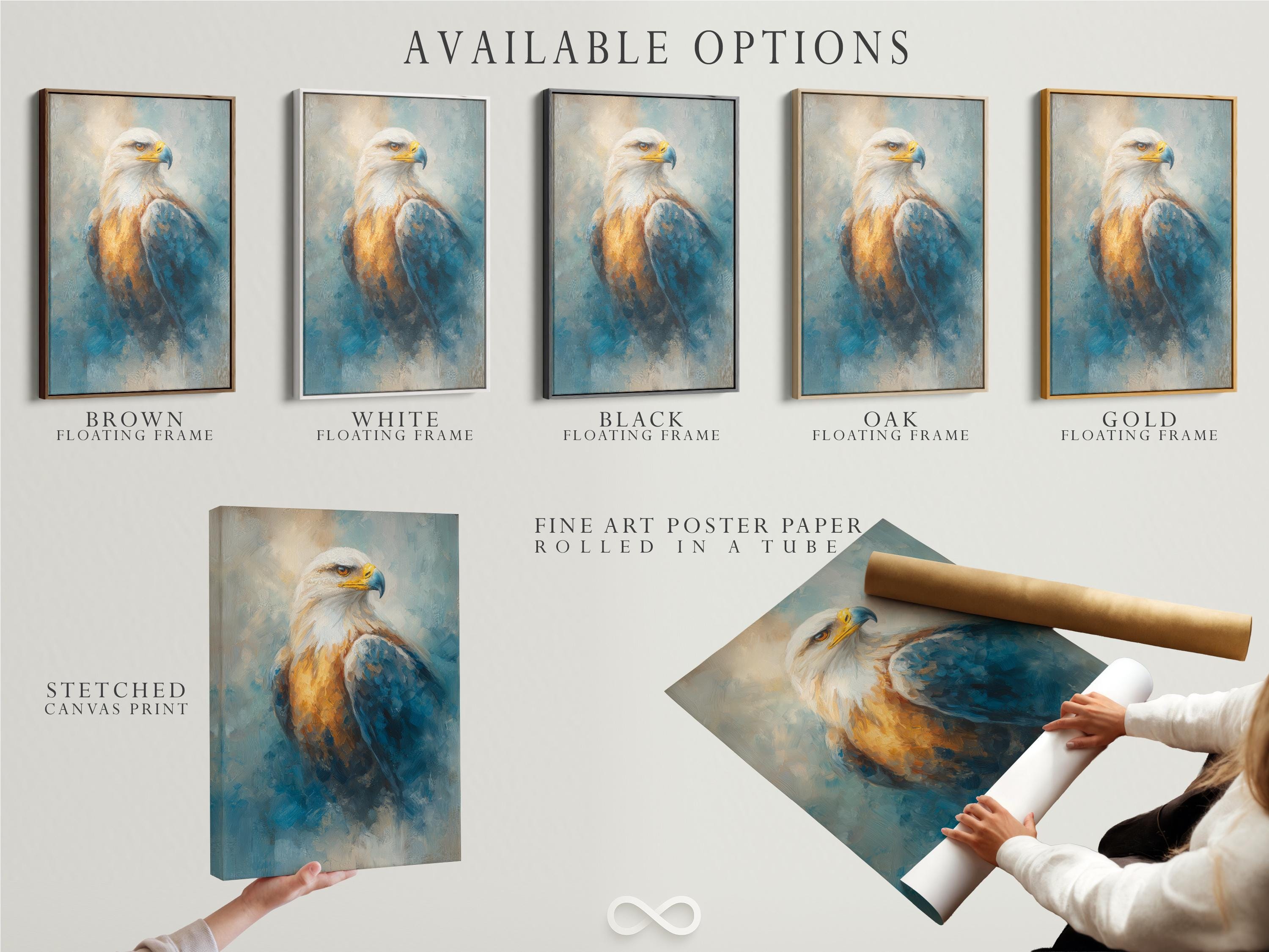 Room mockup showing framed eagle wall art with teal-blue and gold tones