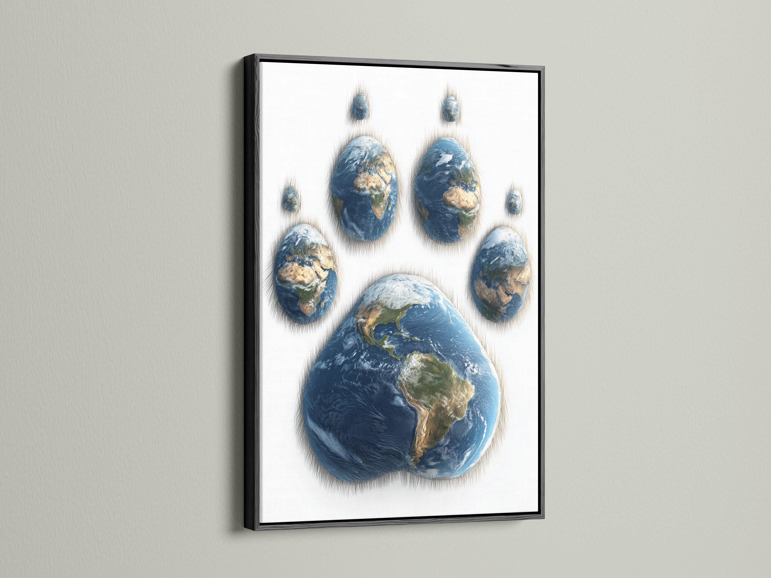 Globe Earth paw print with deep blue oceans and green and beige landmasses on a light background detail view