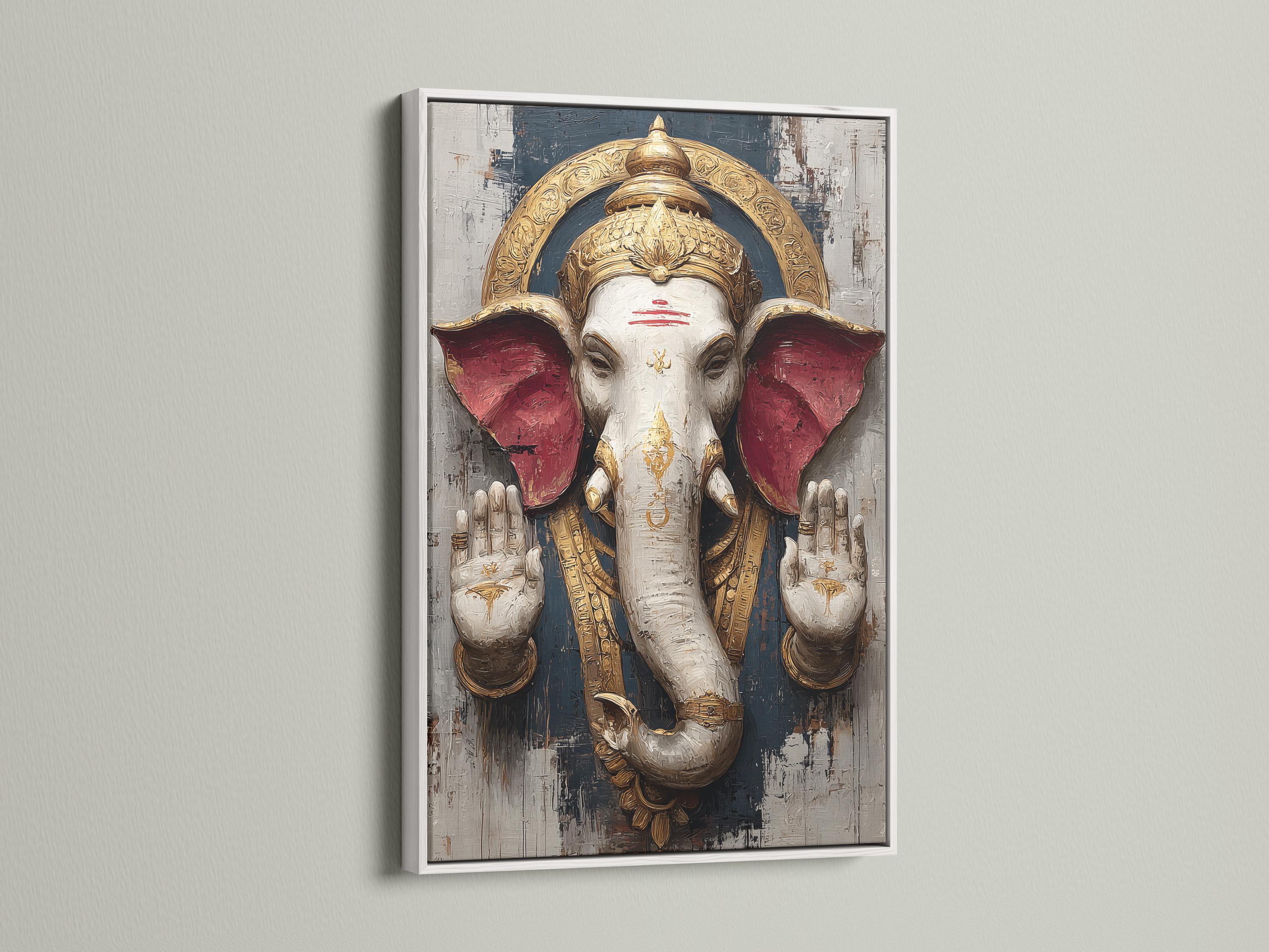 Stylised elephant-headed deity figure with gold crown and red wing-like shapes on a textured charcoal background detail view
