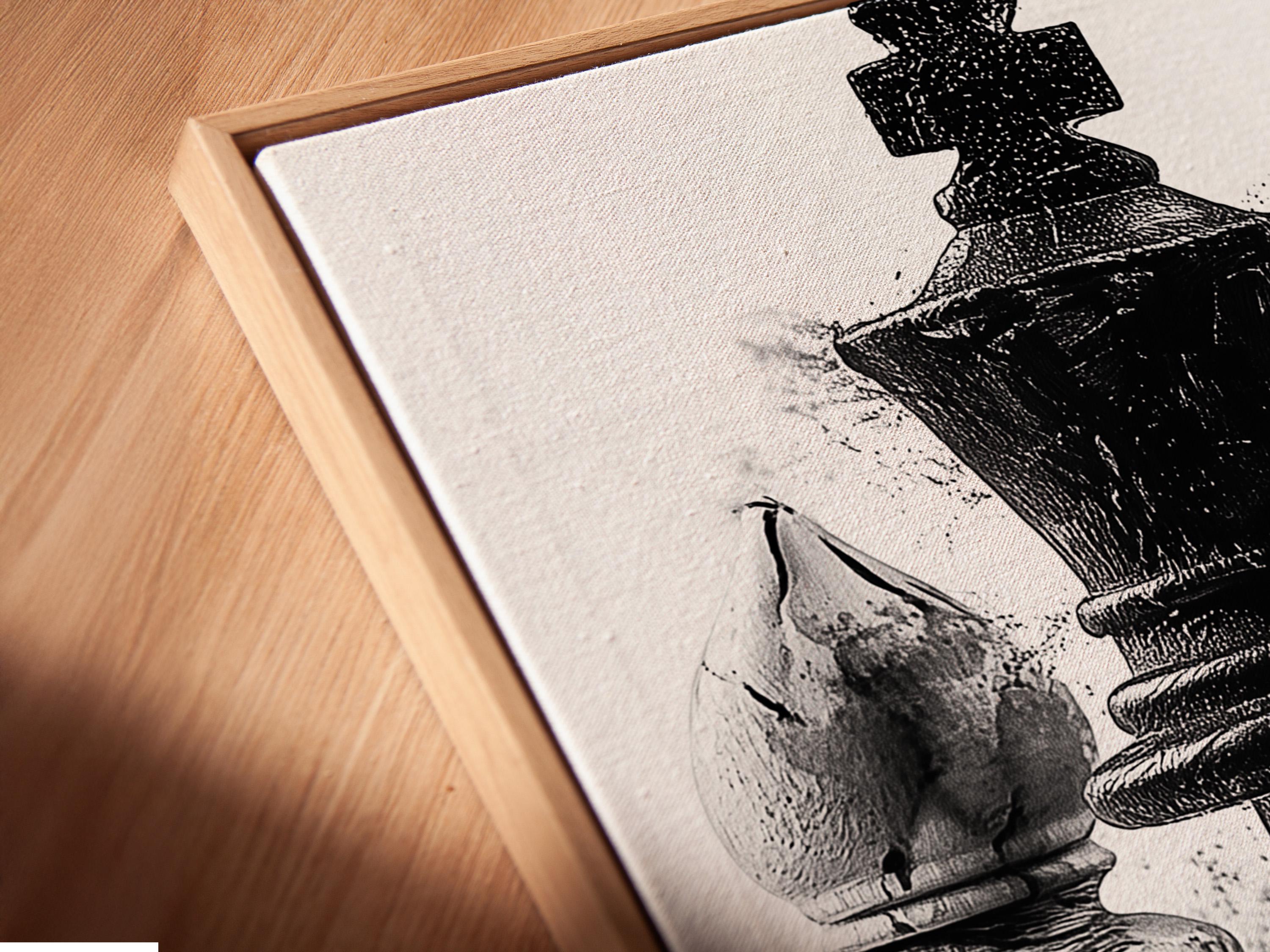 Monochrome chess artwork featuring a black king-like figure with distressed ink-splatter texture detail view
