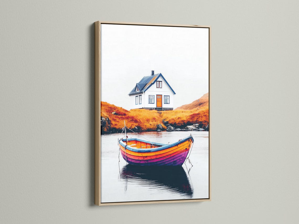 A blue-and-orange house sits above a calm lake with a brightly painted striped boat in the foreground, mirrored on the water detail view