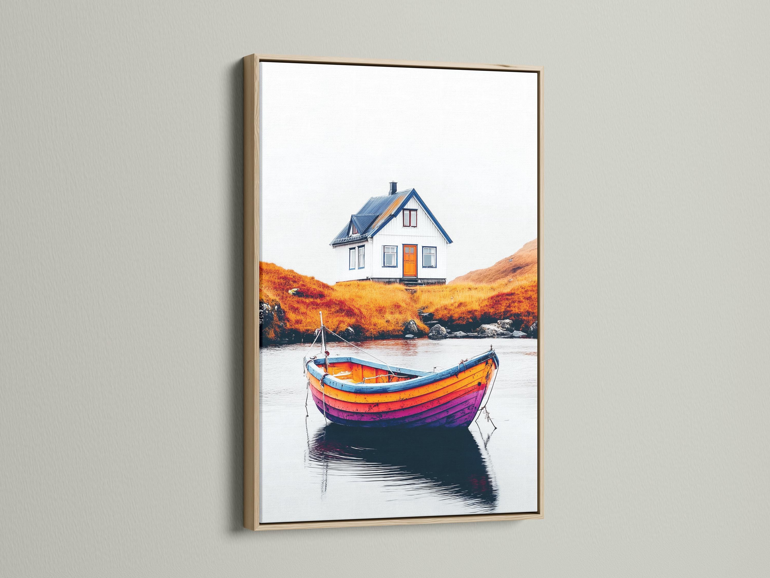 A blue-and-orange house sits above a calm lake with a brightly painted striped boat in the foreground, mirrored on the water detail view