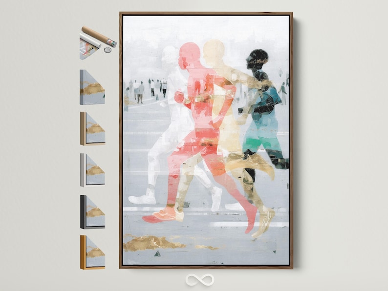 Abstract runners artwork with coral and teal stylised figures on a pale textured background