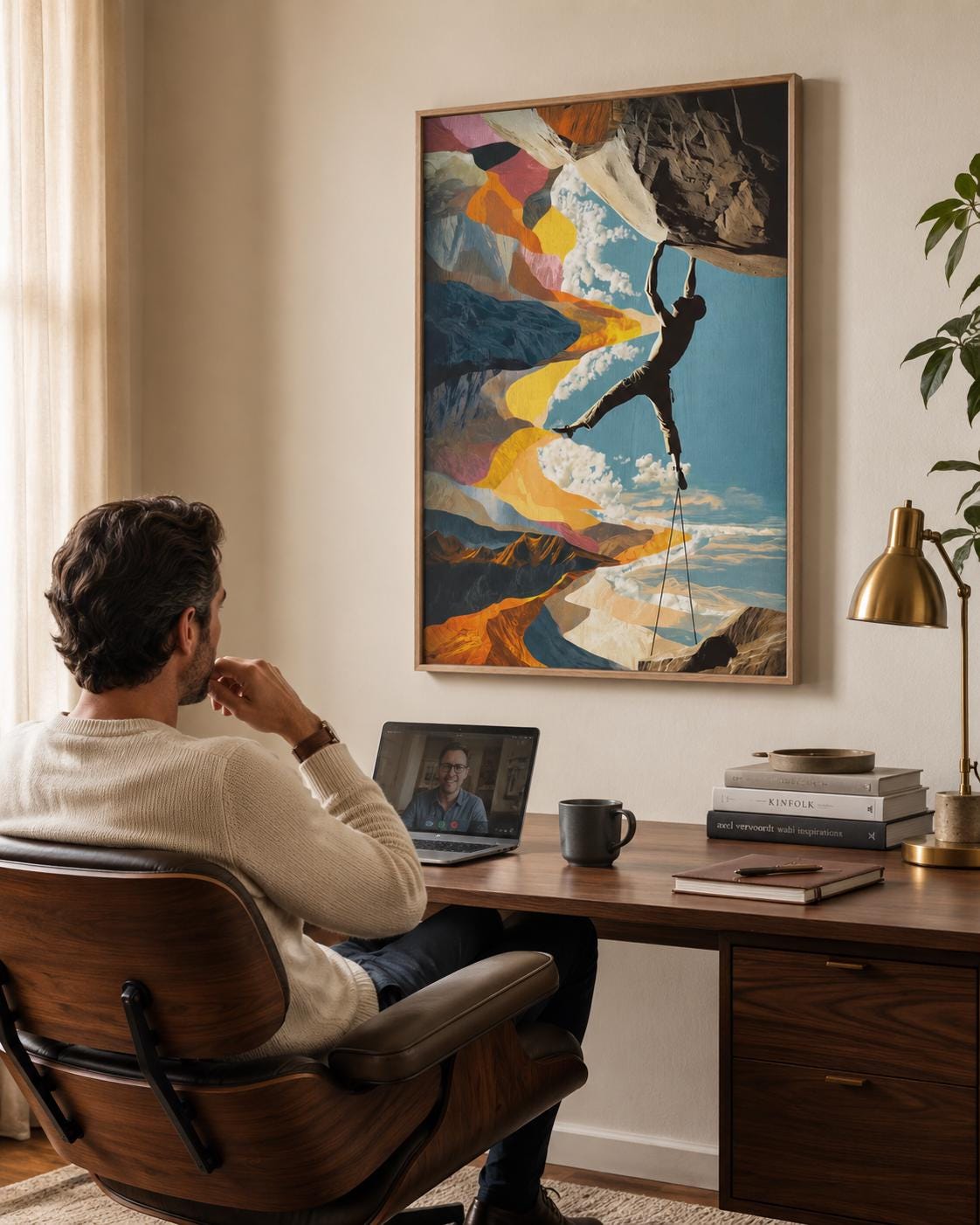 Man sitting near a bench and climbing gear beside a framed climbing artwork on a concrete wall