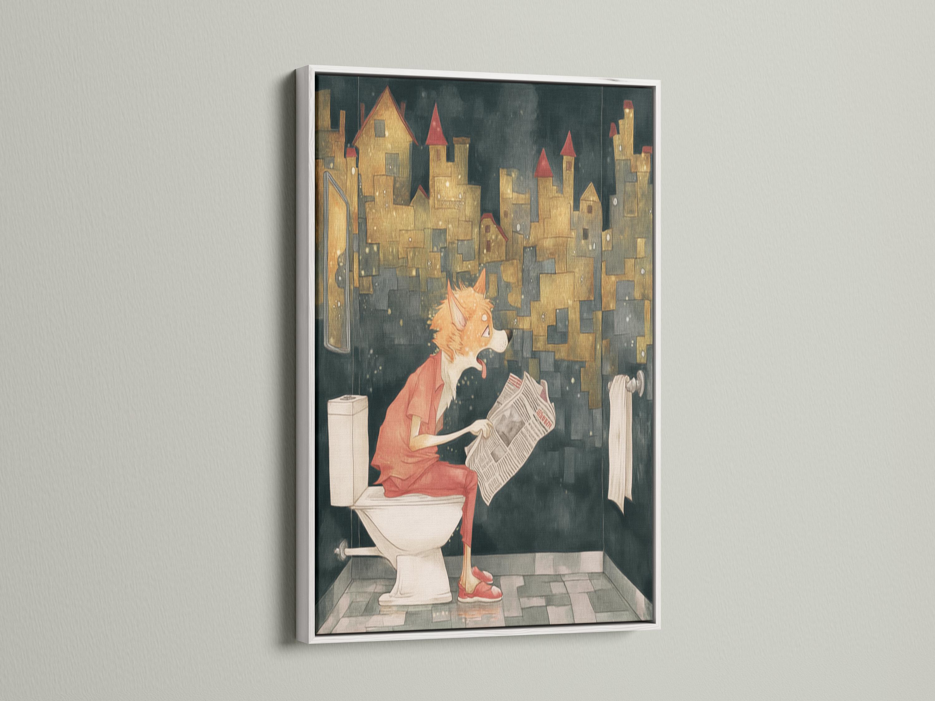 Orange fox reading a newspaper while seated on a white toilet with a moody cityscape background detail view