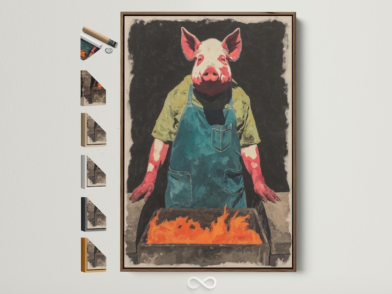 Pig chef illustration with a teal apron behind a grill, flames in front