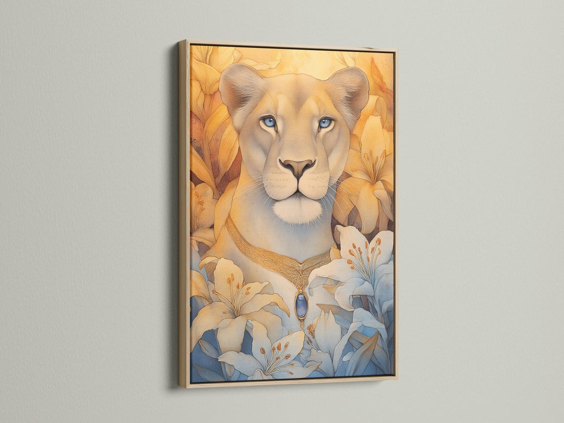 Blue-eyed lioness portrait with pale blue lily flowers and warm gold foliage background detail view