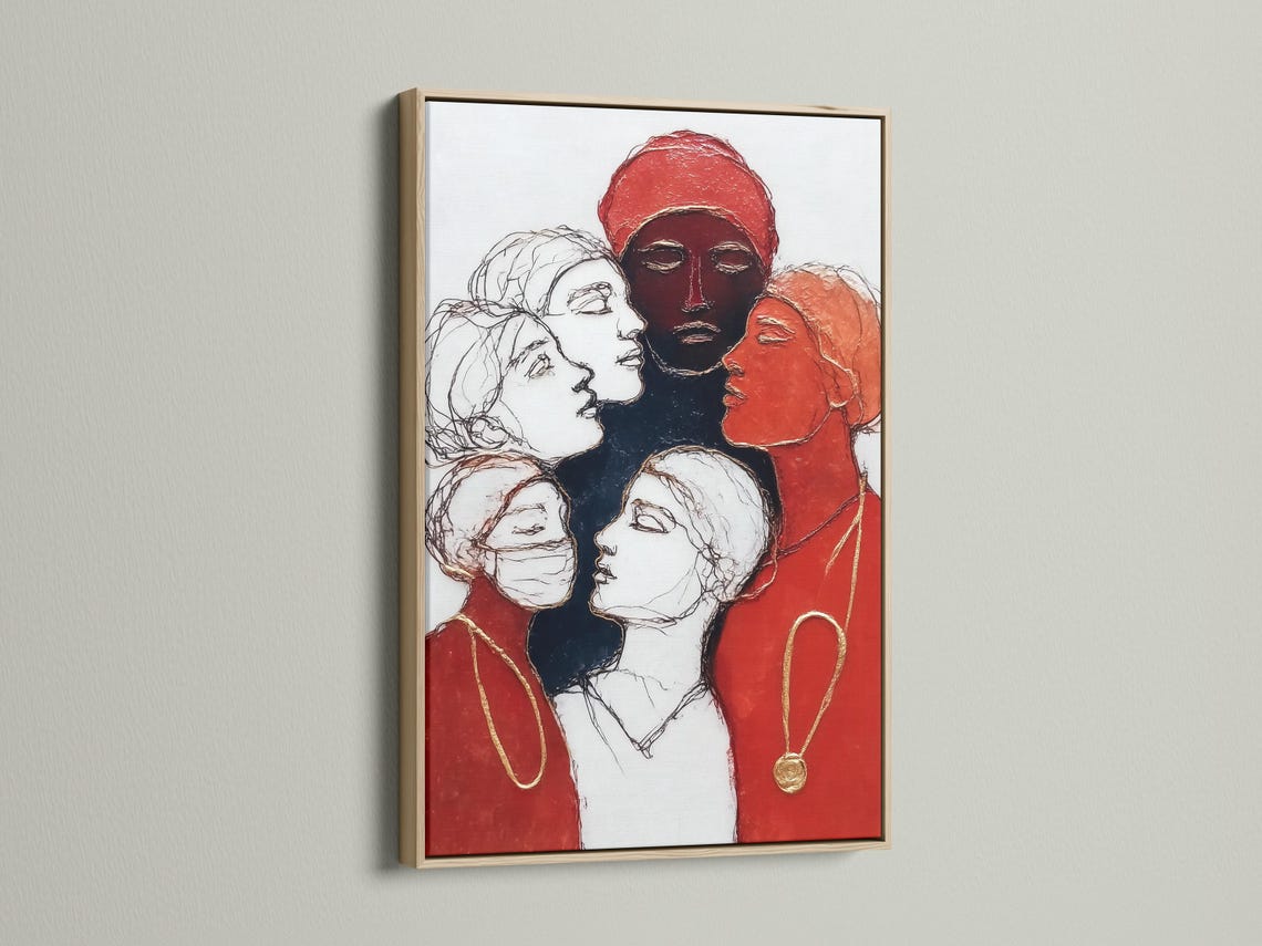 Red and gold women portrait illustration with overlapping faces and headscarves detail view