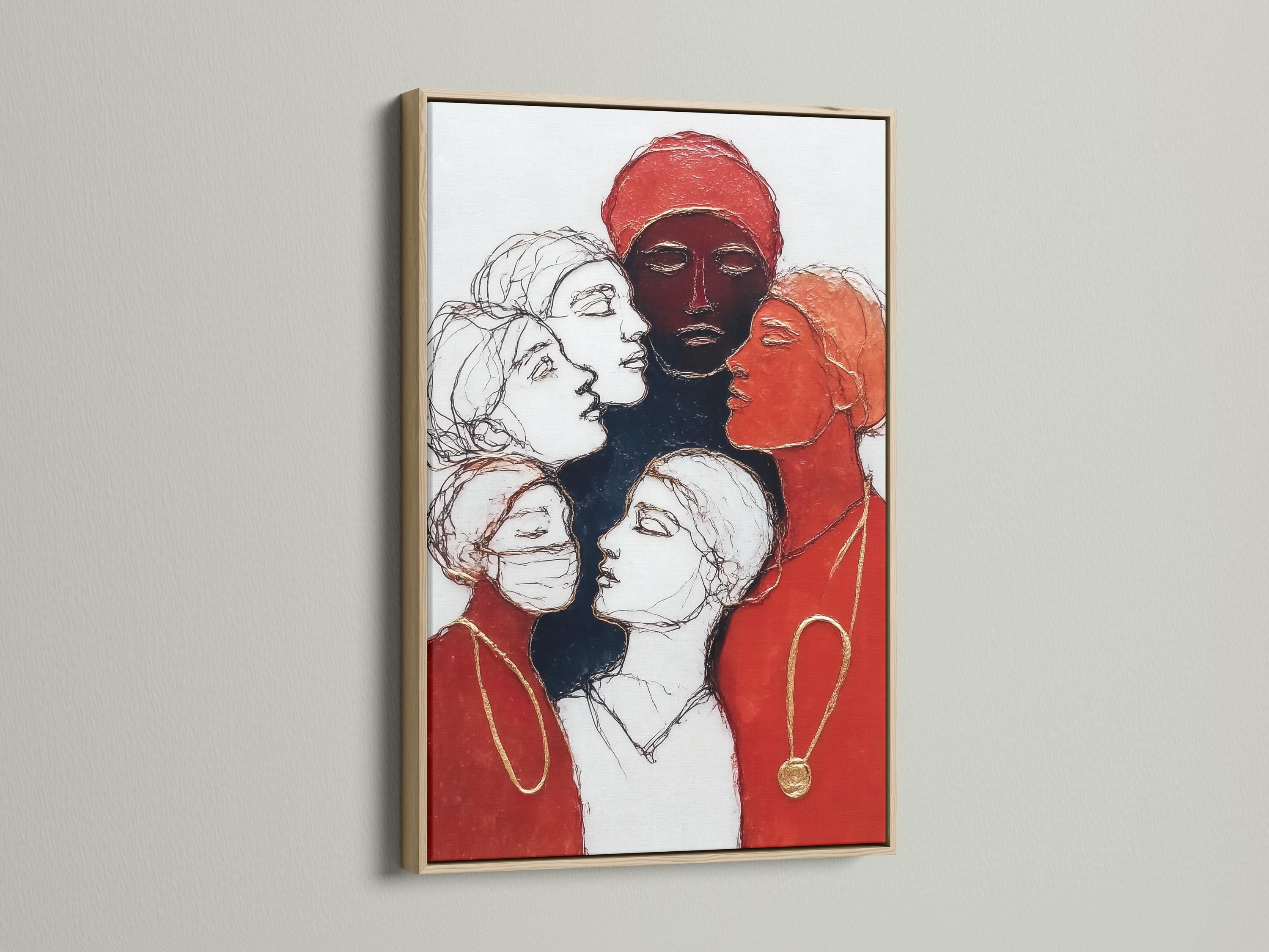 Red and gold women portrait illustration with overlapping faces and headscarves detail view