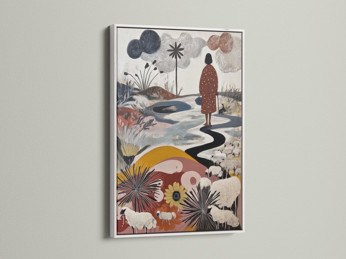 Neutral pastoral artwork with sheep, a standing figure, a winding path and stylised flowers detail view